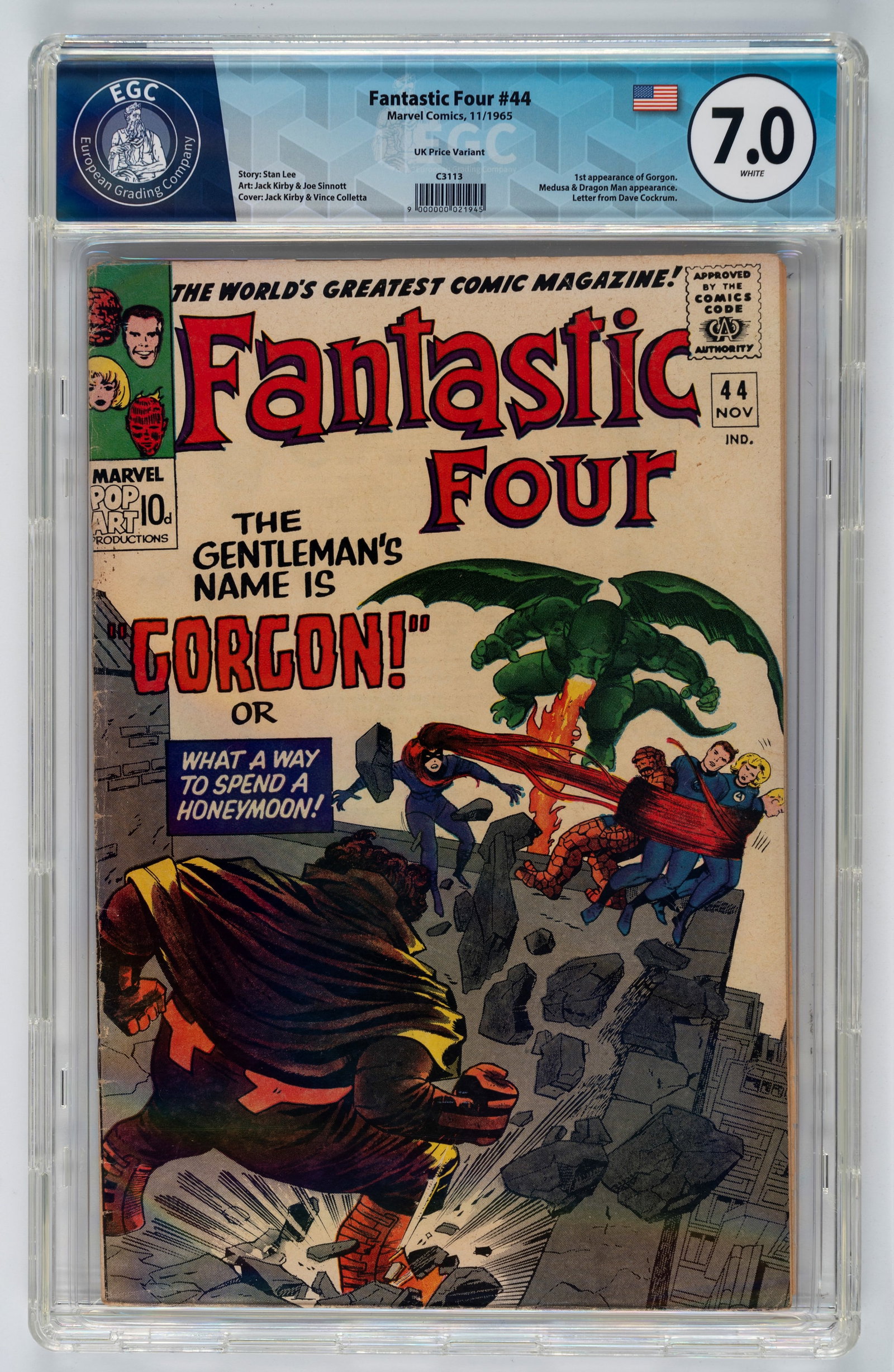 Marvel Comics - Fantastic Four #44 (UK Price Variant) - 7.0 EGC, October 1965: Cover by Jack Kirby (pencils) and inks by Vince Colletta, with text by Stan Lee and interior inks by Joe Sinnott.Historic issue of The Gentleman's Name Is Gorgon! or What a Way to Spend a Honeymoon! i