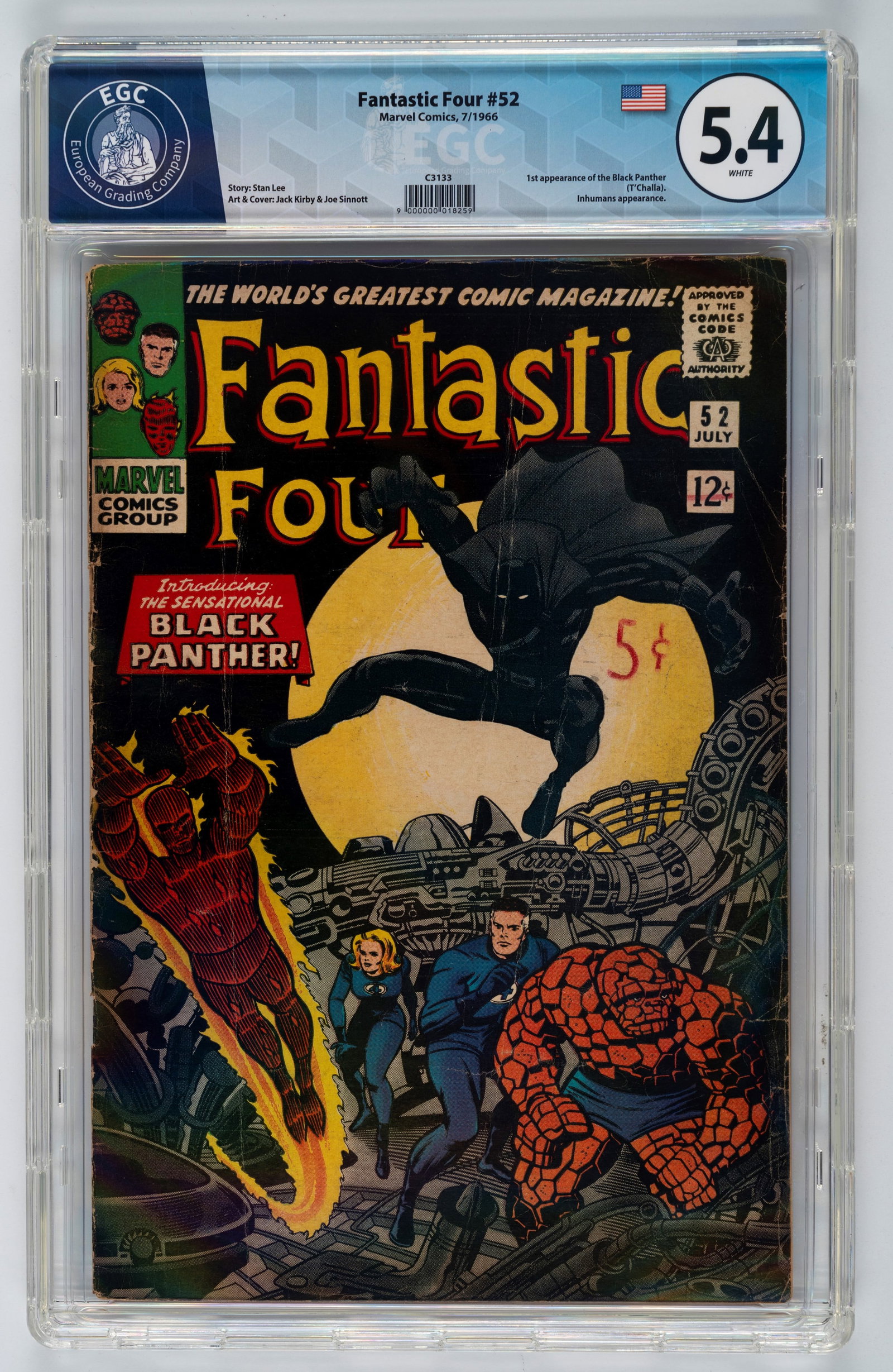 Marvel Comics - Fantastic Four #52 - 5.4 EGC, July 1966: Script by Stan Lee, pencils by Jack Kirby, inks by Joe Sinnott.Black Panther's first appearance in The Black Panther!The mysterious ruler of Wakanda invites the Fantastic Four to his African kingdom a