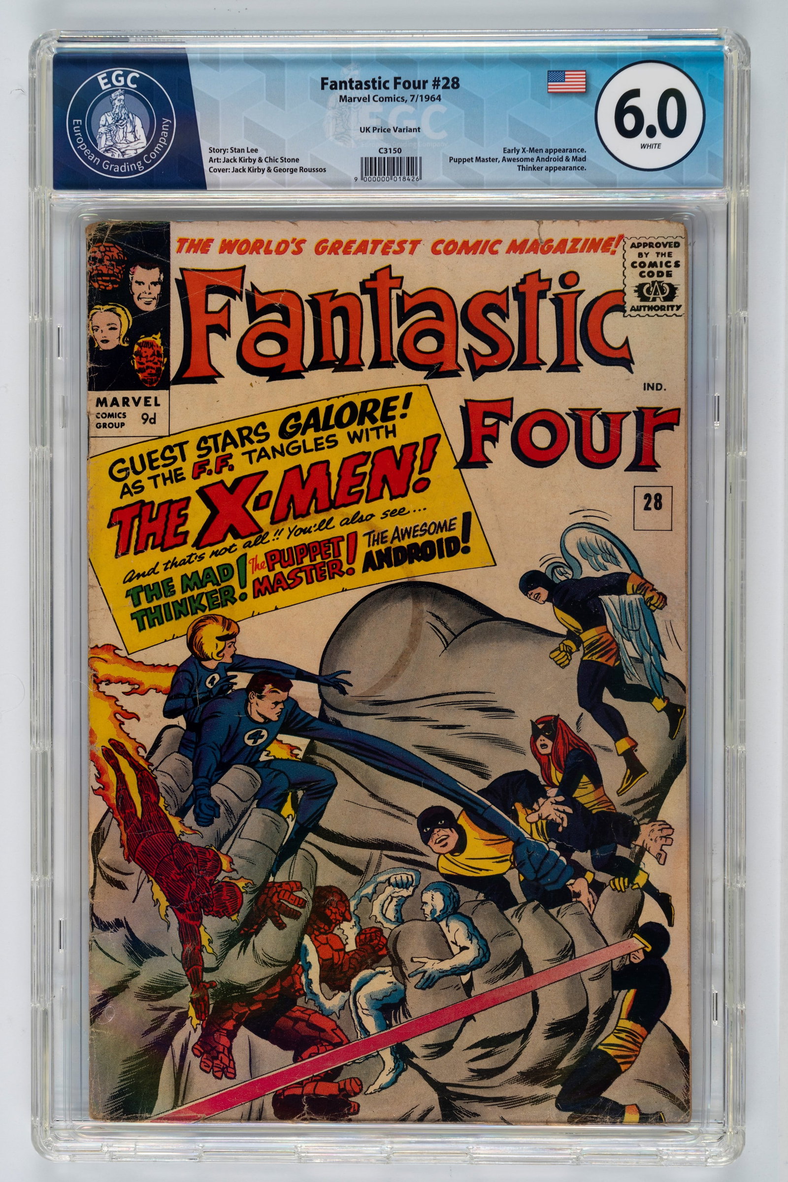 Marvel Comics - Fantastic Four #28 (UK Price Variant) - 6.0 EGC, June 1964: Cover by Jack Kirby (pencils) and inks by Sol Brodsky, with text by Stan Lee and interior inks by Chic Stone.Landmark issue introducing We Have to Fight the X-Men!, in which the Puppet Master controls