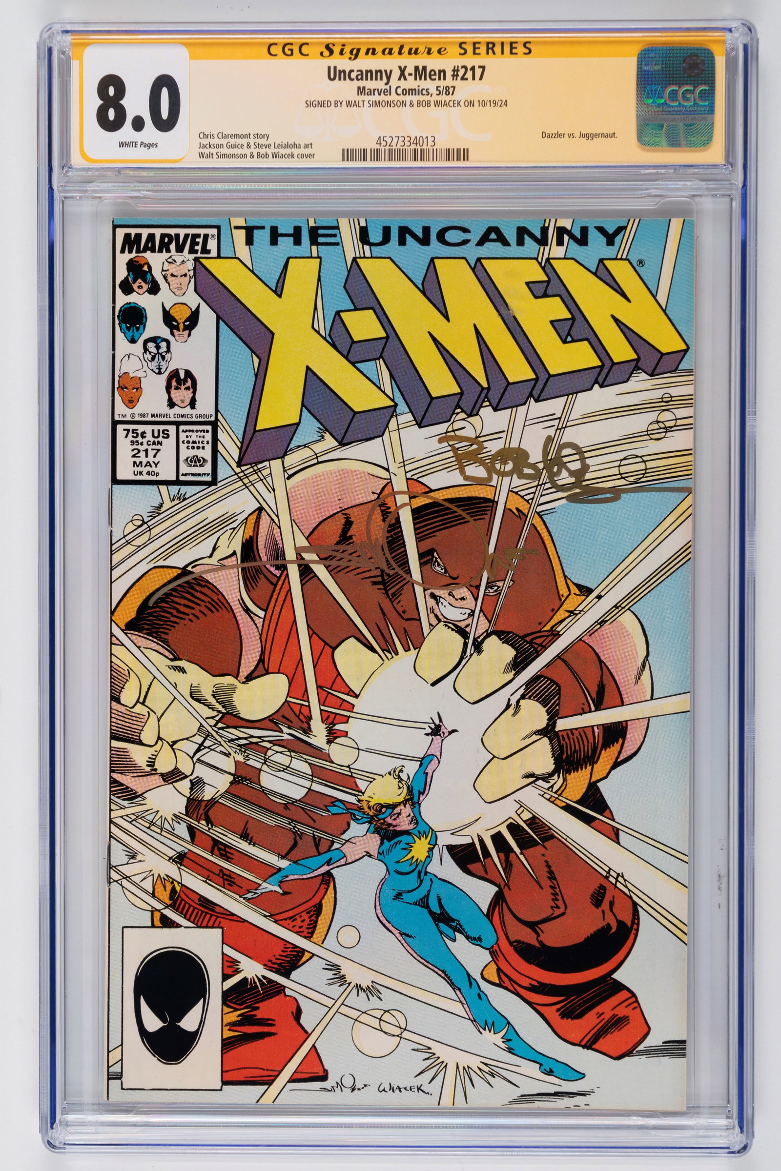 Walt Simonson - Bob Wiacek - Graded Comic - Signed - The Uncanny X-Men #217 - Marvel - CGC 8.0: A copy of “The Uncanny X-Men #217” (1987) graded by CGC (8.0) and signed by Walt Simonson and Bob Wiacek. Published in 1987, The Uncanny X-Men #217 (titled "Bright Lights, Big City") was a pop
