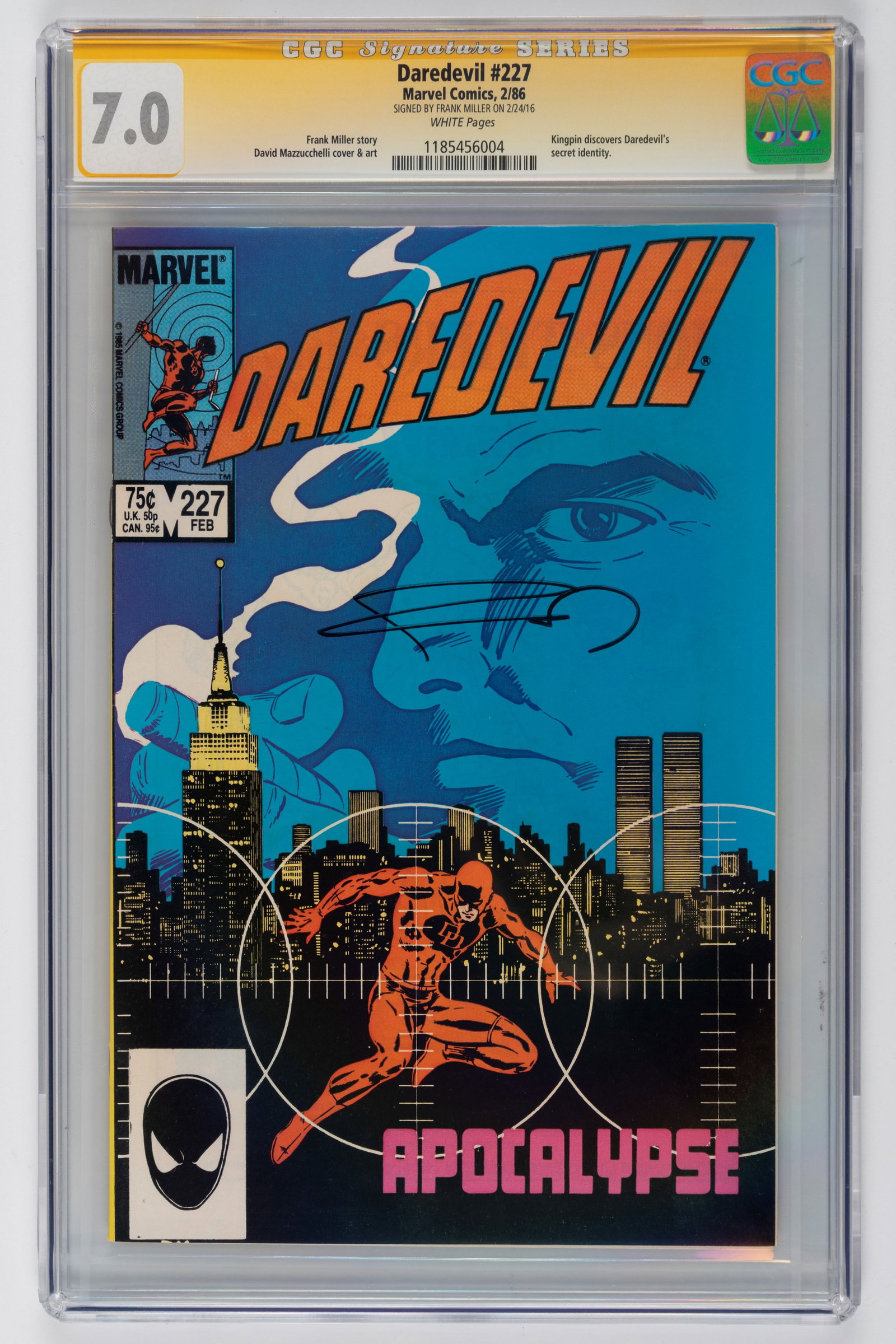 Frank Miller - Graded Comic - Signed - Daredevil #227 - CGC 7.0: “Copy of Daredevil #227” (1986) graded by CGC (7.0) and signed by Frank Miller. Published in 1986, Daredevil #227 (titled "Apocalypse") marks the legendary return of Frank Miller to writing th