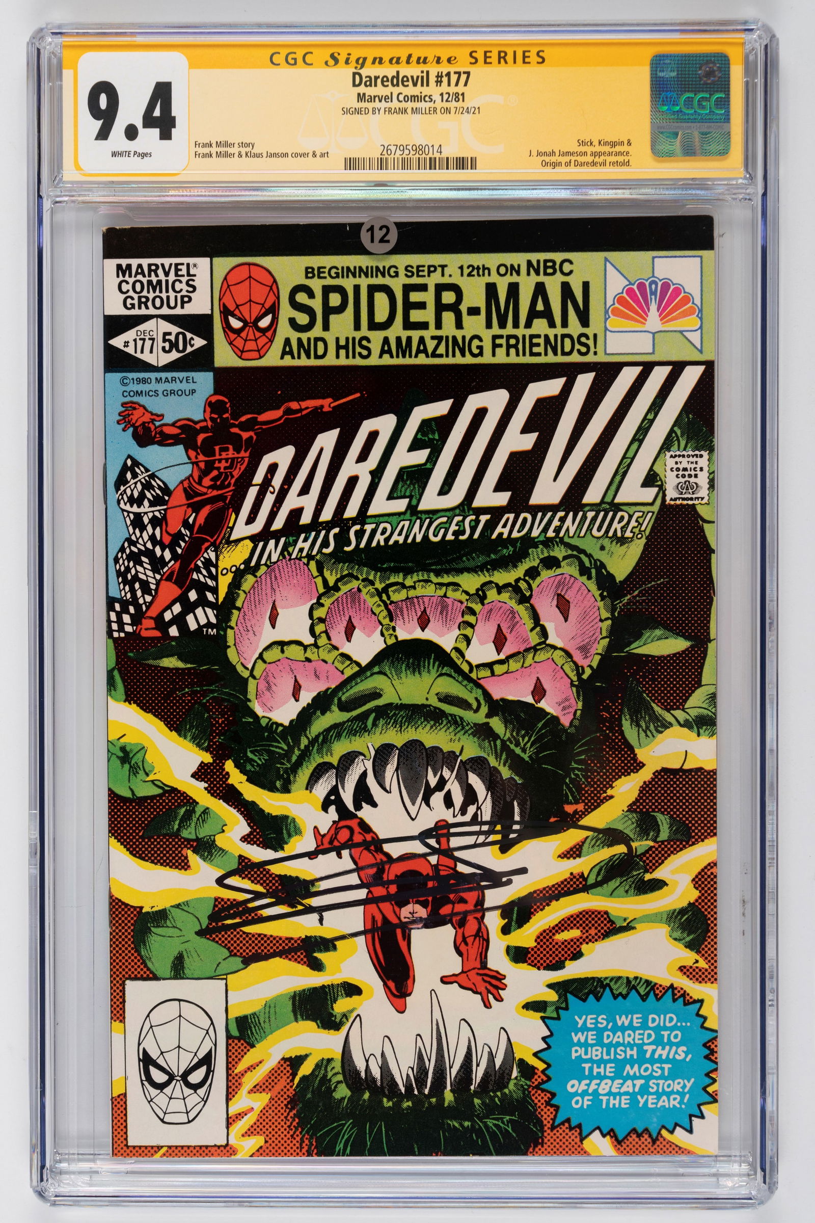 Frank Miller - Graded Comic - Signed - Daredevil #177 - CGC 9.4 - Marvel: A copy of Daredevil #177 signed by Frank Miller and certified CGC 9.4, authenticated and sealed in a protective sleeve (slab) by the Certified Guaranty Company (CGC). Daredevil #177, published by Marv