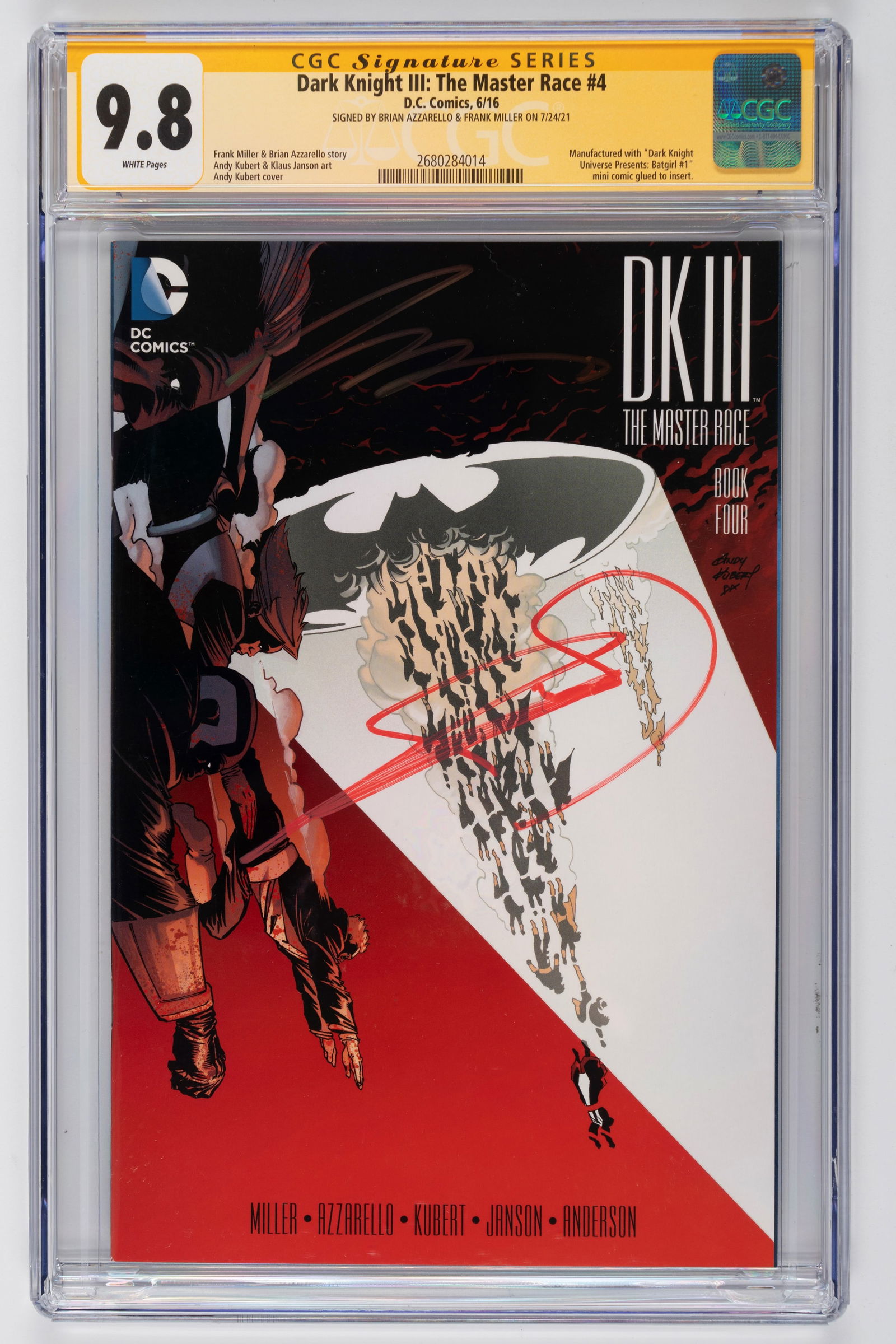 Frank Miller - Brian Azzarello - Graded Comic - Signed - Dark Knight III: The Master Race #4 - CGC: A copy of “Dark Knight III: The Master Race #4” (2016), graded by CGC (9.8) and signed by Frank Miller and Brian Azzarello. Published in 2016, Dark Knight III: The Master Race #4 continues Fra