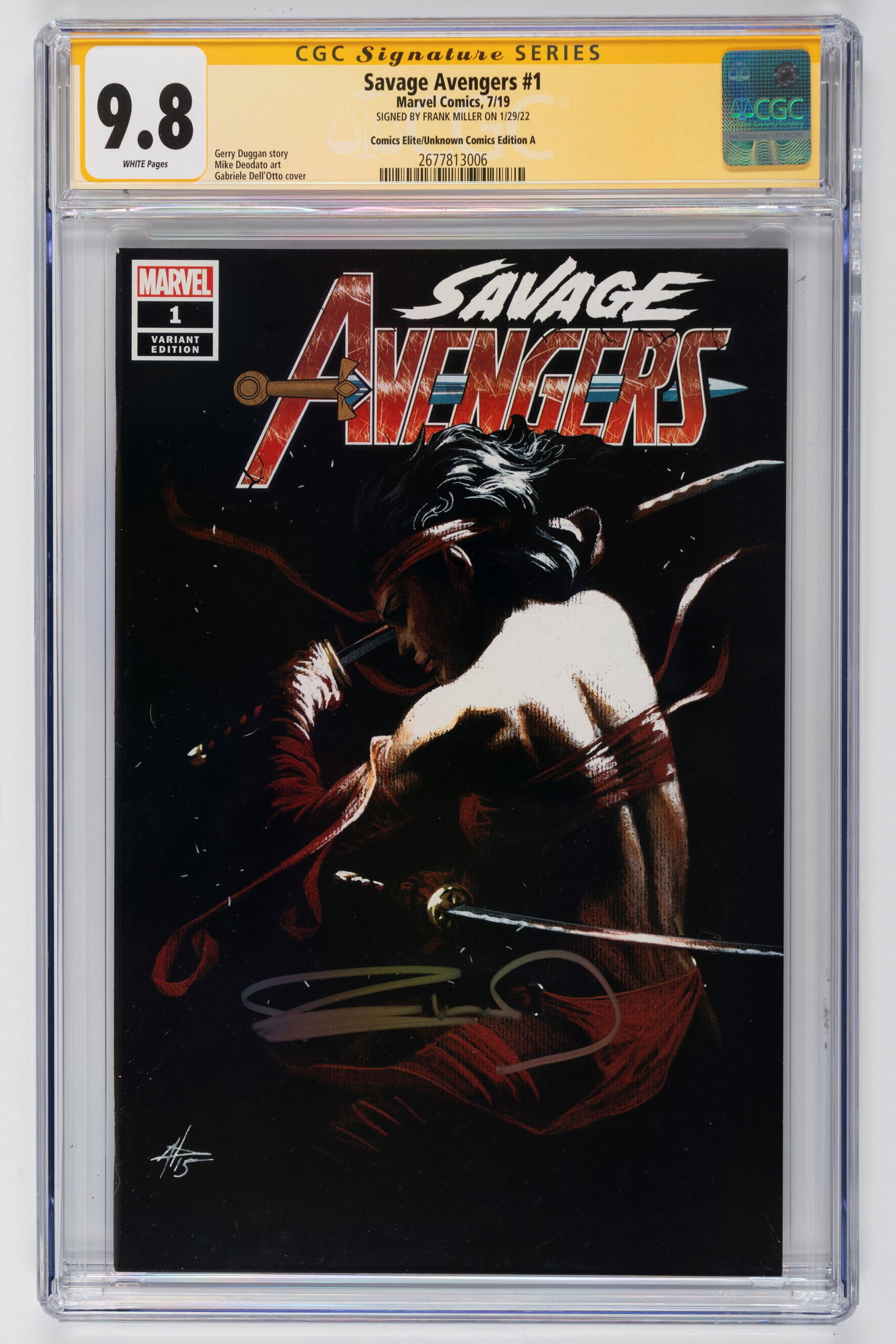 Frank Miller - Graded Comic - Signed - Savage Avengers #1 - Marvel - CGC 9.8: A copy of “Savage Avengers #1” in Gabriele Dell'Otto's variant, graded by CGC (9.8) and signed by Frank Miller. This issue is #1 in the Savage Avengers (Volume 2) series, published by Marvel C