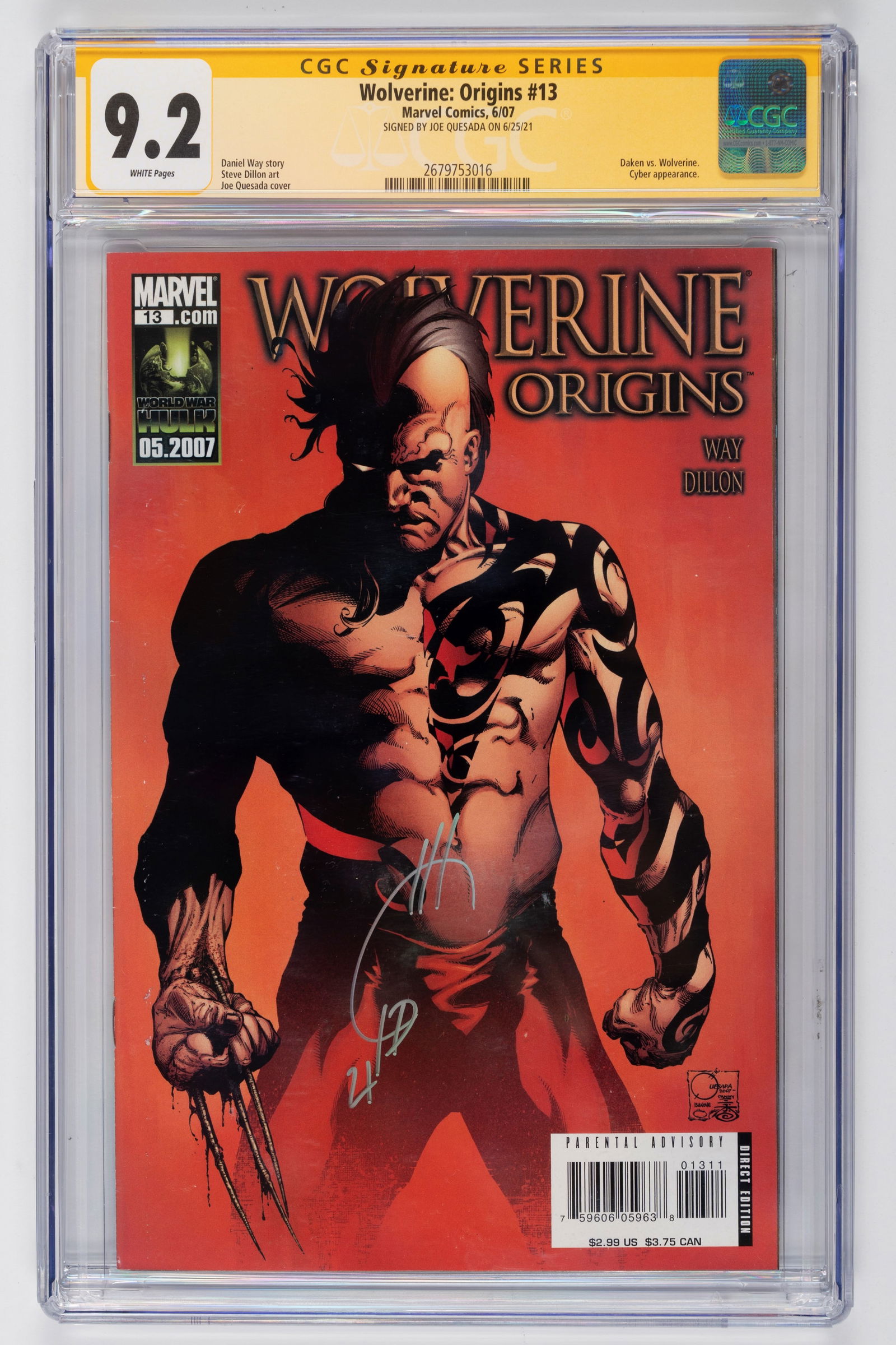 Joe Quesada - Graded Comic - Signed - Wolverine: Origins #13 - CGC 9.2: A copy of “Wolverine: Origins #13” graded by CGC (9.2) and signed by Joe Quesada. The comic was published by Marvel Comics in May 2007. The imposing character on the cover is not Logan (the cl