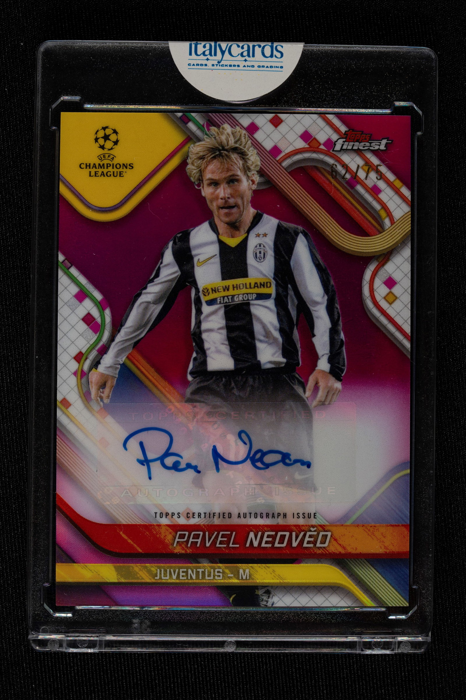 Pavel Nedved - Signed Card - Juventus - Topps Finest Uefa Club Competitions 2024/25 - Numbered out: Pavel Nedved's autographed card, wearing a Juventus jersey, published by Topps for the 2024/25 Finest UEFA Club Competitions series. Numbered out of 75. Pavel Nedv?d's arrival at Juventus in 2001 mark