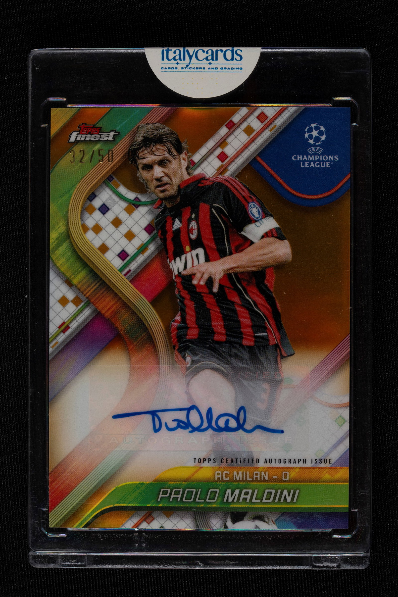 Paolo Maldini - Signed Card - AC Milan - Topps Finest UEFA Club Competitions 2024/25 - Numbered out: Paolo Maldini's autographed card, wearing an AC Milan jersey, published by Topps for the 2024/25 Finest UEFA Club Competitions series. Numbered out of 50. For twenty-five consecutive seasons, from 198