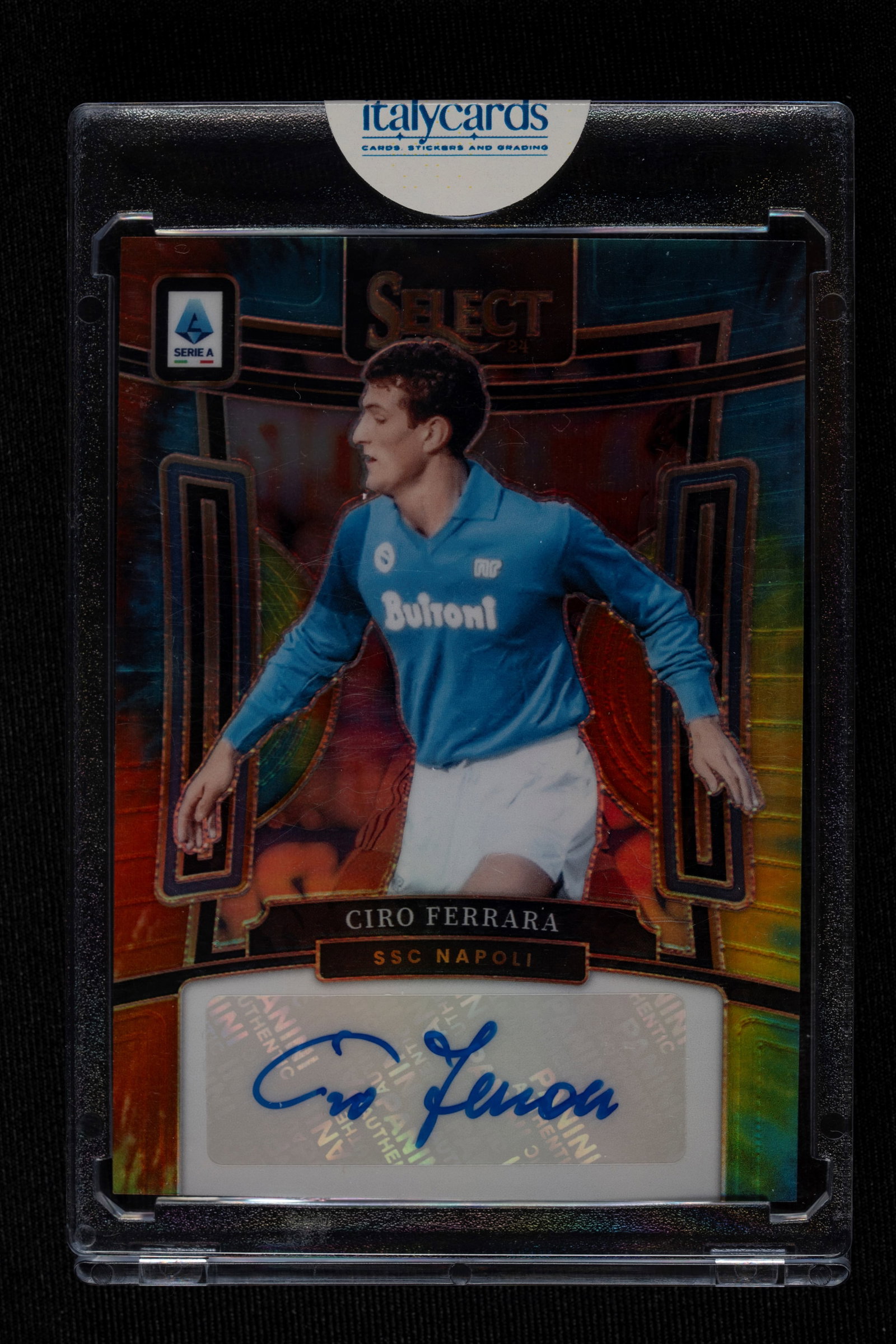 Ciro Ferrara - Signed Card - Napoli - Panini Select Serie A 2023/24 - Numbered out of 25: Ciro Ferrara's autographed card, wearing a Napoli jersey, published by Panini for the 2023/2024 Select Serie A Soccer series. Numbered out of 25. Ciro Ferrara is one of Napoli's most illustrious sons,