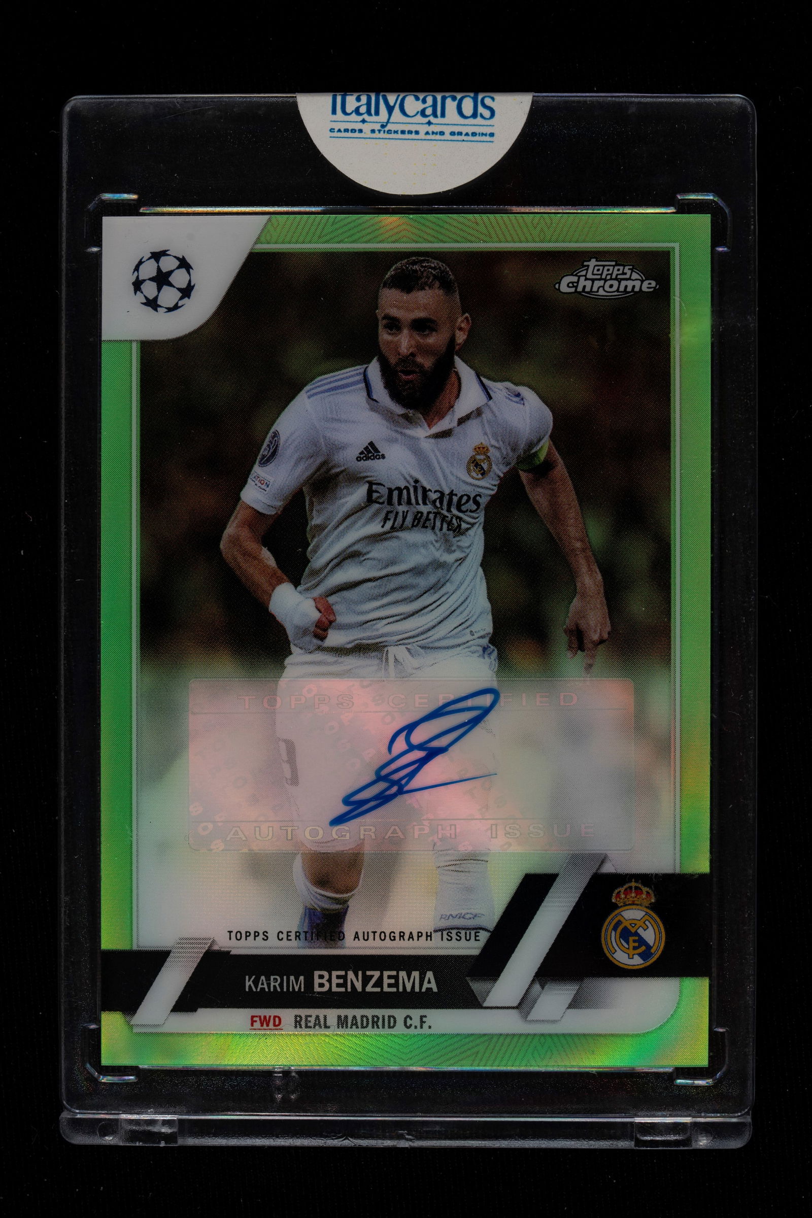 Karim Benzema - Signed Card - Real Madrid - Topps Chrome UEFA Club Competitions 2022/23 - Numbered: Karim Benzema's autographed card, wearing a Real Madrid jersey, published by Topps for the 2022/23 UEFA Club Competitions series. Numbered out of 99. Arriving at the Bernabéu in 2009, Benzema spent f