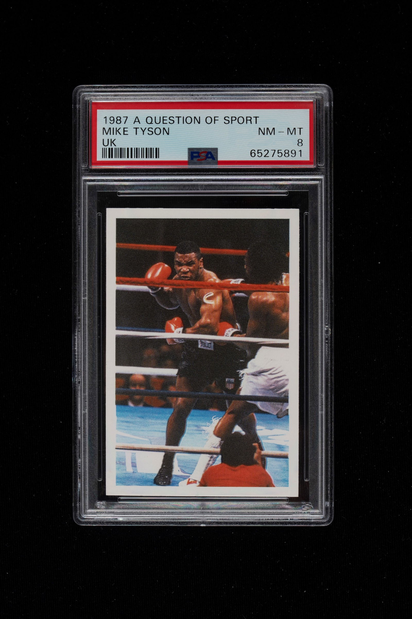 Mike Tyson - Graded card - A Question of Sport - PSA8: Extremely rare Mike Tyson card, graded PSA 8, from the 1987 “A Question of Sport” set. These cards were not part of a traditional trading card set, but were originally included in a British bo