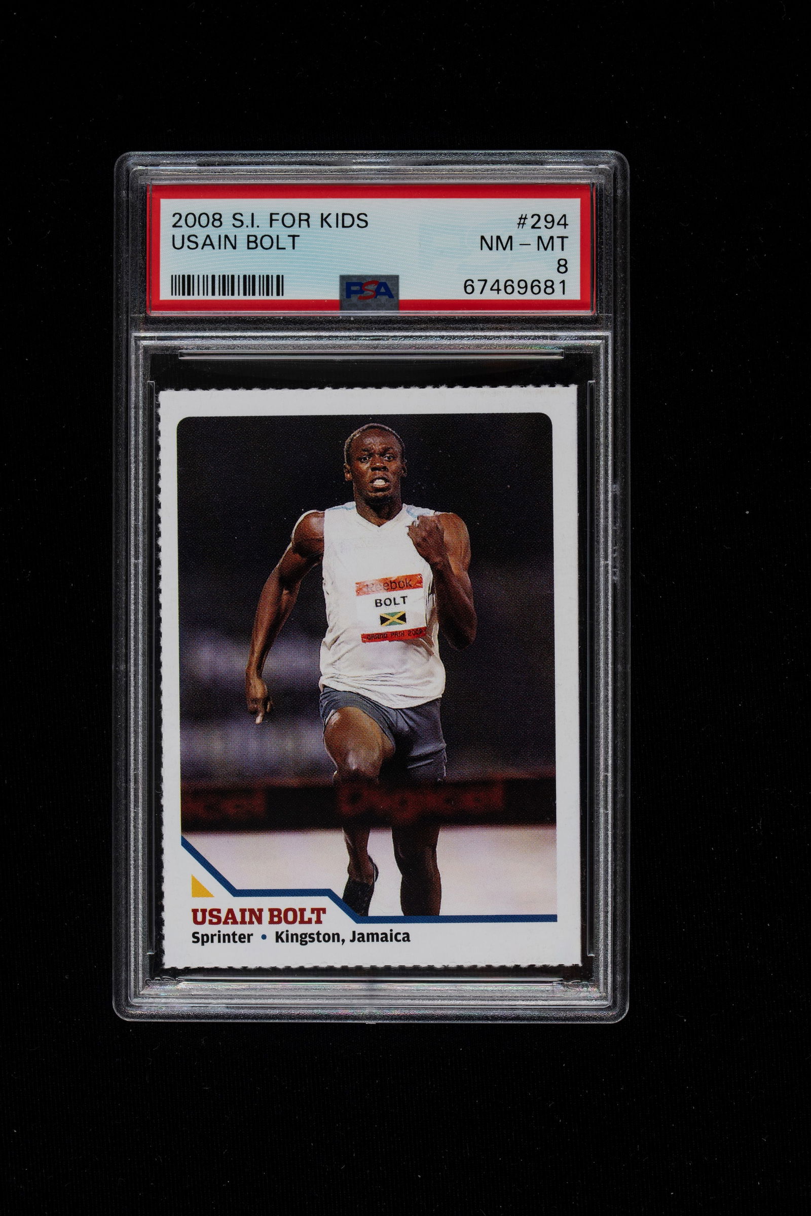 Usain Bolt - Rookie card - Sports Illustrated for Kids (SI For Kids) - 2008 - PSA 8: Usain Bolt card, graded PSA 8 and released in 2008. This is one of the most iconic and sought-after cards in modern sports collecting. It is the "Rookie Card" of Usain Bolt, the fastest man in history