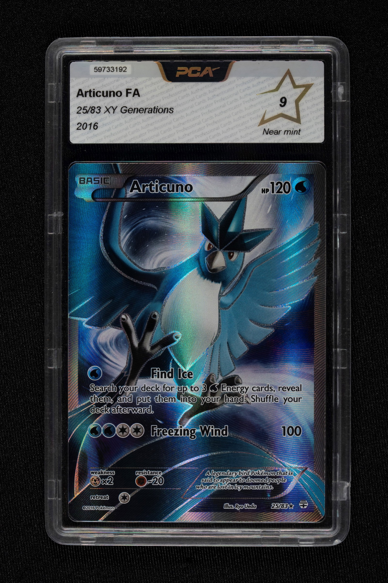 Pokémon - Articuno Generations English - PCA 9: This card celebrates the franchise's 20th anniversary within the Generations expansion. The Full Art artwork captures the ice legend in a majestic pose, enhanced by a holographic texture that highligh