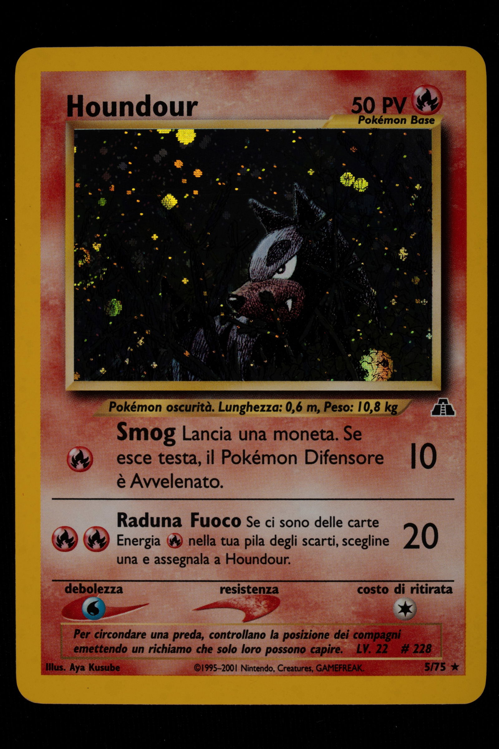 Pokémon - Houndour HOLO Neo Destiny Italian - RAW: The Houndour Holo (5/75) from Neo Discovery is a historic piece celebrating the Darkness-type's debut in the TCG, made iconic by Shin-ichi Yoshida's sharp art style. In this Italian edition, the contr