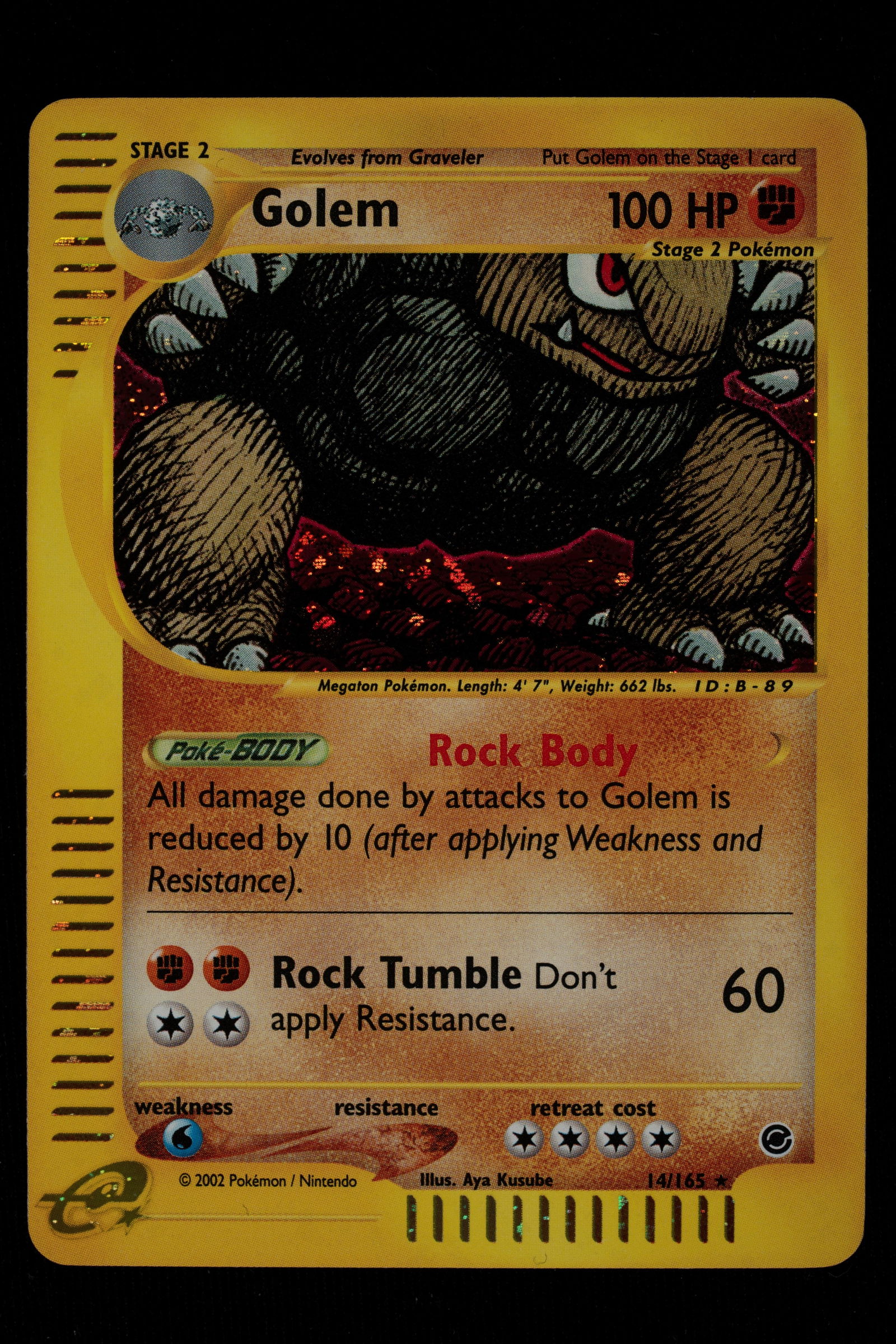 Pokémon - Golem HOLO Expedition English - RAW: The Holo Golem (14/165) from the Expedition set (2002) is an icon of vintage Pokémon, famous for its e-Reader design with wide edges and the artwork by Kyoko Umemoto. It represents one of the masterp