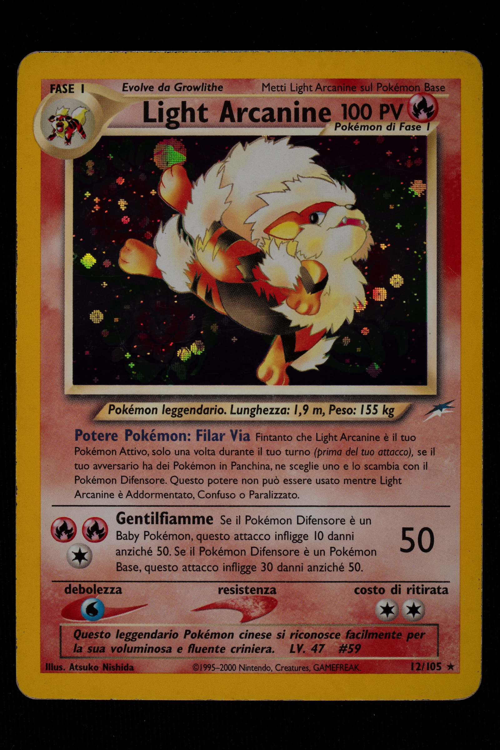 Pokémon - Light Arcanine Neo Destiny Holo Italian - RAW: Neo Destiny's Light Arcanine Holo (12/105) is beautifully represented with Atsuko Nishida's artwork, transforming the legendary guardian into an icon of light and benevolence, enhanced in this Italian