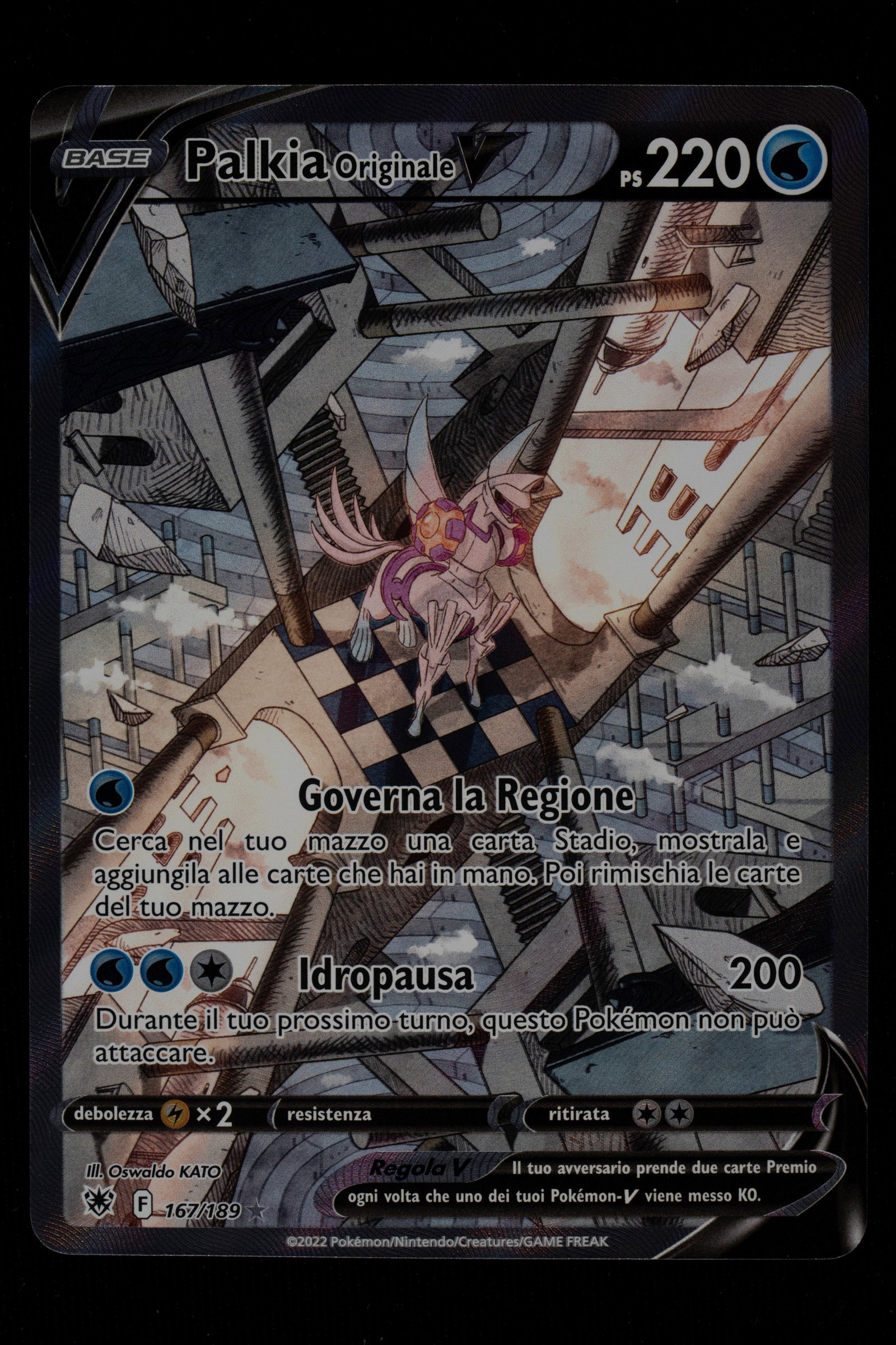 Pokémon - Palkia Original V Sidereal Brilliance Italian - RAW: Palkia Original V (ASR 167/189) from the Sidereal Luster set is one of the most visionary and sought-after "Alternative Art" pieces of the Sword & Shield era. Oswaldo KATO's artwork abandons classical