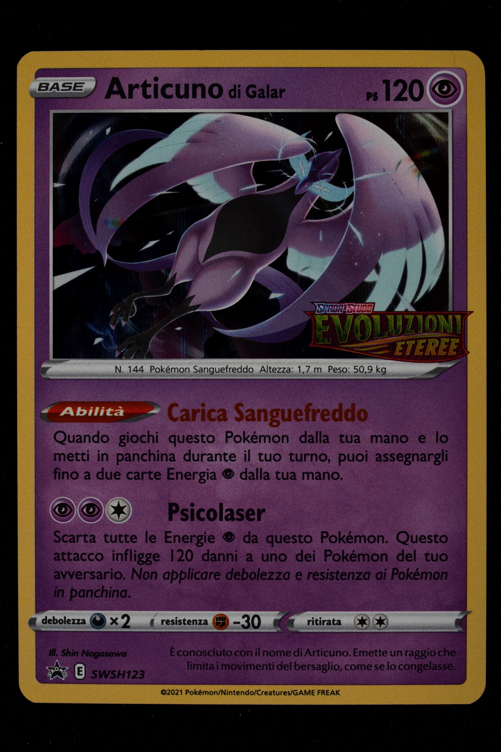 Pokémon - Galar Articuno STAMPED Promo Italian - RAW: Galarian Articuno (SWSH150) is the exclusive Aether Evolutions promo card, made unique by the expansion's logo stamped onto the artwork. The design captures the Pokémon's regal bearing and hypnotic g