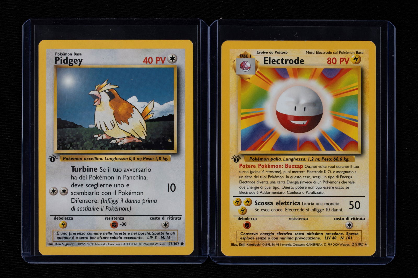 Pokémon - Pidgey and Electrode Base Set 1st Edition Italian - RAW (Near Mint): This exceptional lot features two icons of the Italian Base Set: Pidgey and Electrode, both in the rare 1st Edition version. These cards represent the first historic print run of the Pokémon TCG in I