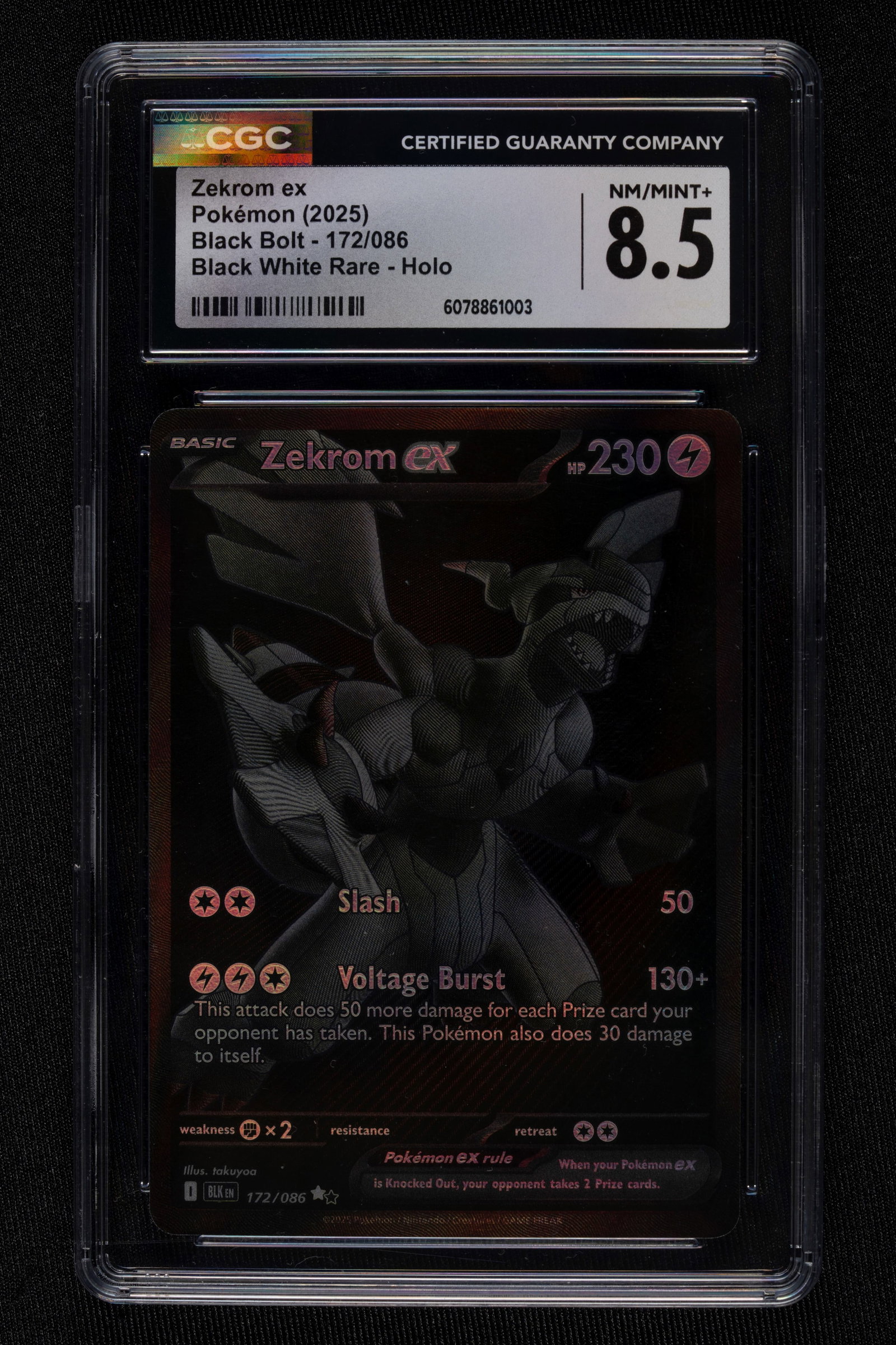 Pokémon - Zekrom EX BLK 172 English - CGC 8.5: Zekrom ex #172, the legendary Black White Rare (BWR) that redefined collecting in 2025. This rare English-language chase card celebrates the Unova myth with an advanced texture and is certified CGC 8.