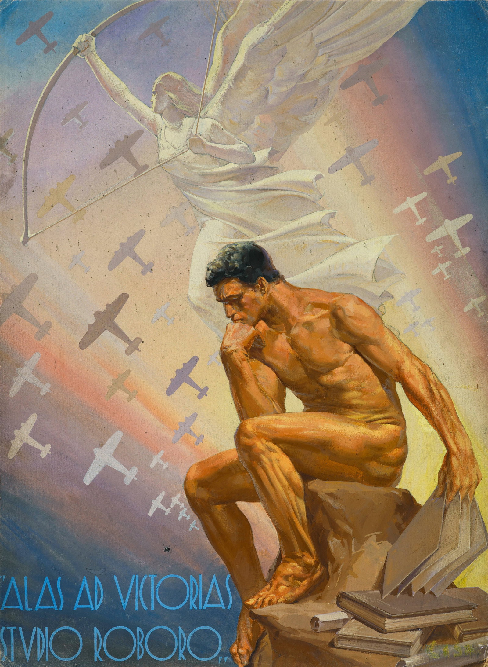 A.N.I. (Autore non identificato) - "ALAS AD VICTORIAS STVDIO ROBORO", anni 30: A.N.I. (Autore non identificato) - "ALAS AD VICTORIAS STVDIO ROBORO", anni 30 ITA tempera su cartone, 29,5 x 40 cm Illustrazione originale realizzata negli anni ‘30. Lievi ammaccature a