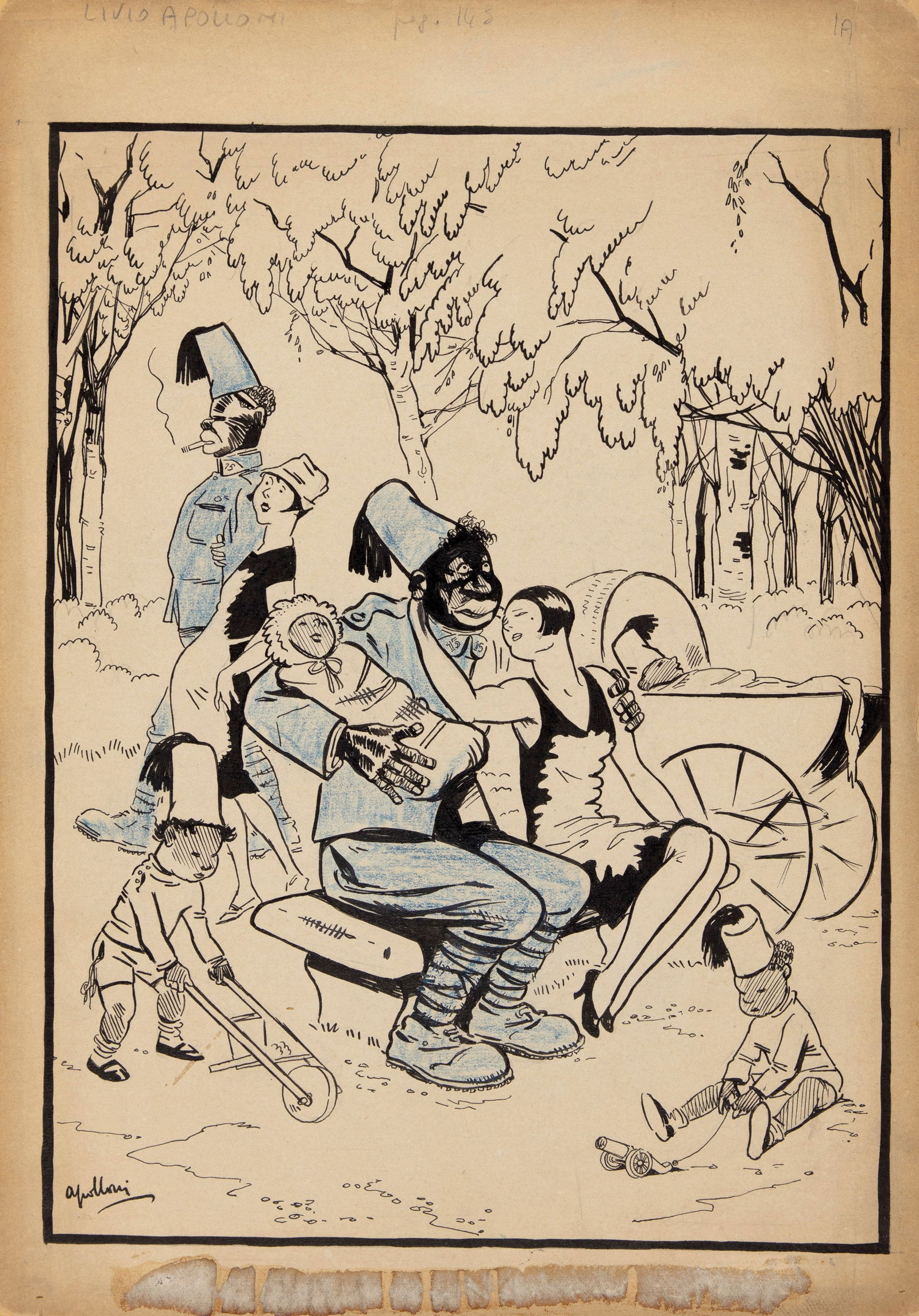 Apolloni Livio - "Le nuove famiglie nelle colonie", anni 30: Apolloni Livio - "Le nuove famiglie nelle colonie", anni 30 ITA pastello e china su cartone, 23,5 x 33 cm Illustrazione originale realizzata da Apolloni durante gli anni ‘30 per il gior