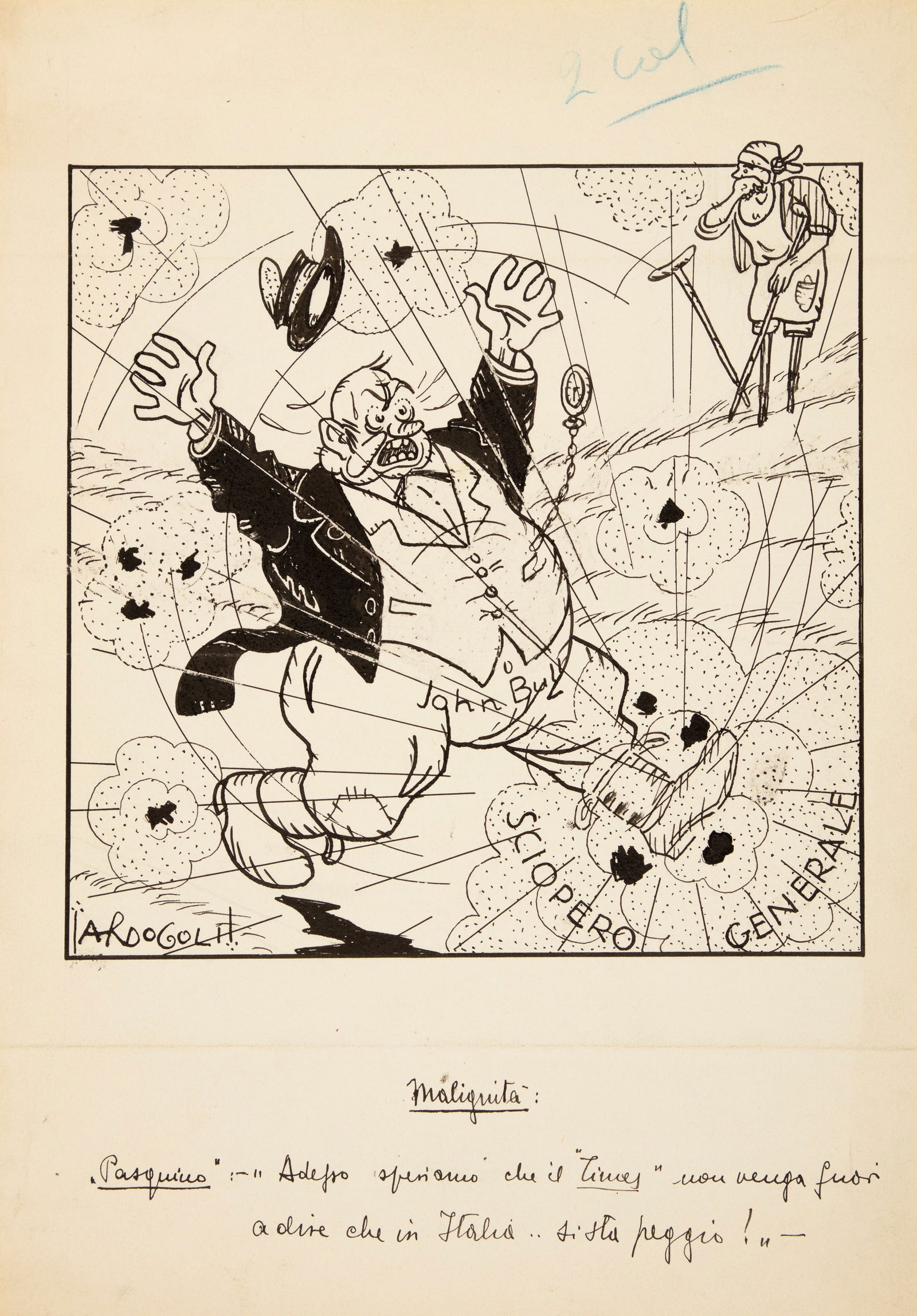 Ardogoli - "Malignità: Adesso speriamo che il Times non venga fuori a dire che in Italia si: Ardogoli - "Malignità: Adesso speriamo che il Times non venga fuori a dire che in Italia si sta peggio!", 1926 ITA matita e china su cartoncino, 25,5 x 36,5 cm Illustrazione originale re