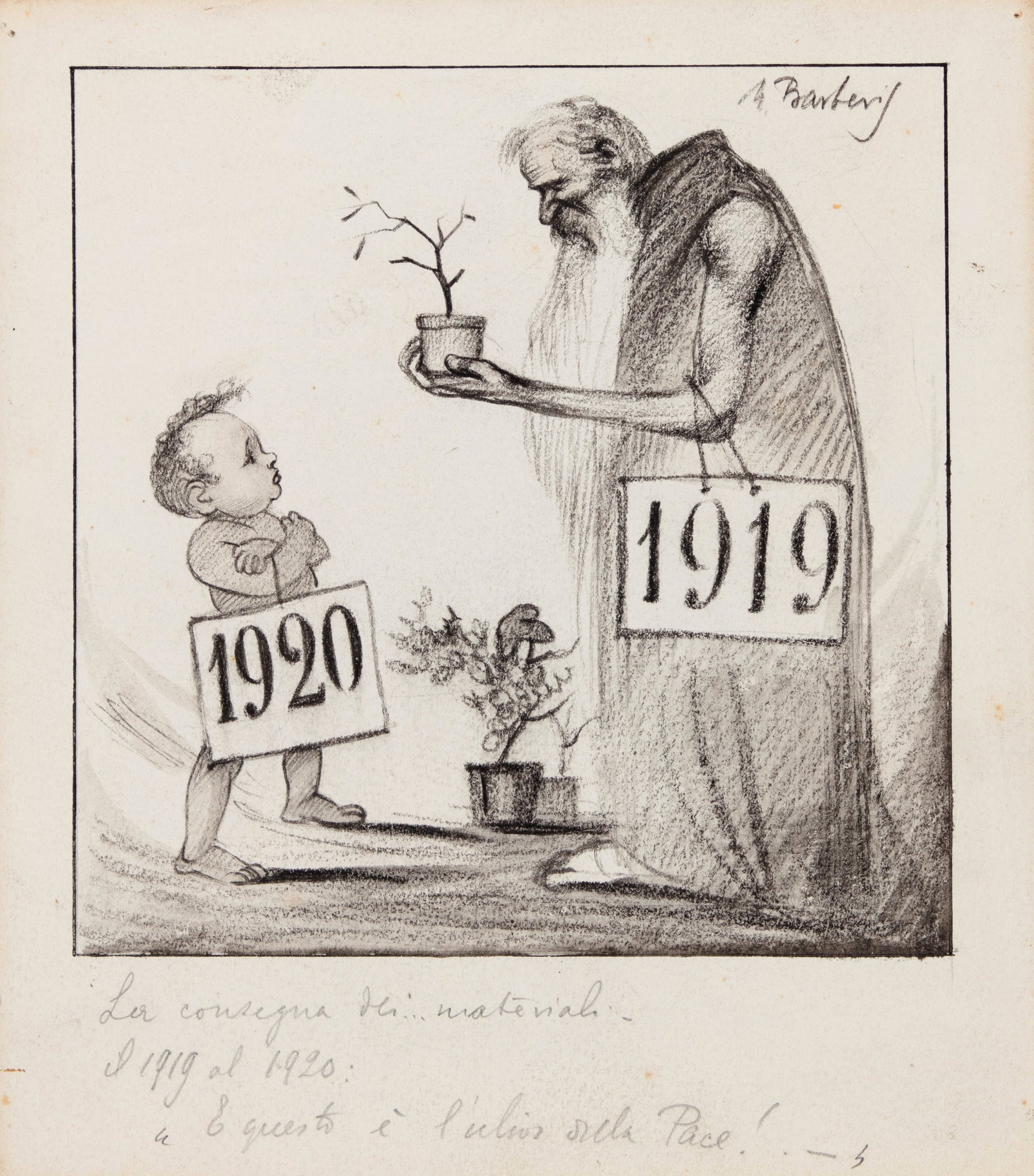Barberis Mario - "E questo è l‘ulivo della Pace!", 1920: Barberis Mario - "E questo è l‘ulivo della Pace!", 1920 ITA matita su cartoncino, 18 x 20,5 cm Illustrazione originale realizzata da Barberis nel 1920. Firmata.____________________