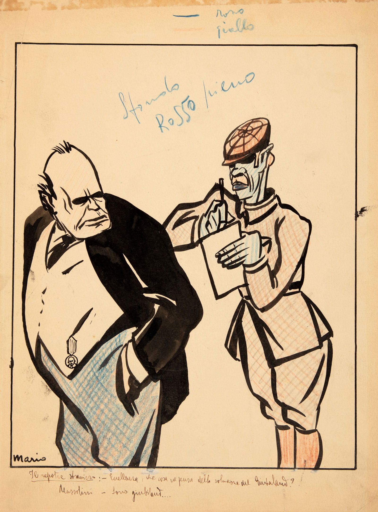 A.N.I. (Autore non identificato) - "Intervista al Duce", anni 20: A.N.I. (Autore non identificato) - "Intervista al Duce", anni 20 ITA pastello e china su cartoncino, 24,5 x 32,5 cm Illustrazione originale realizzata negli anni ‘20. Pieghe e piccoli s