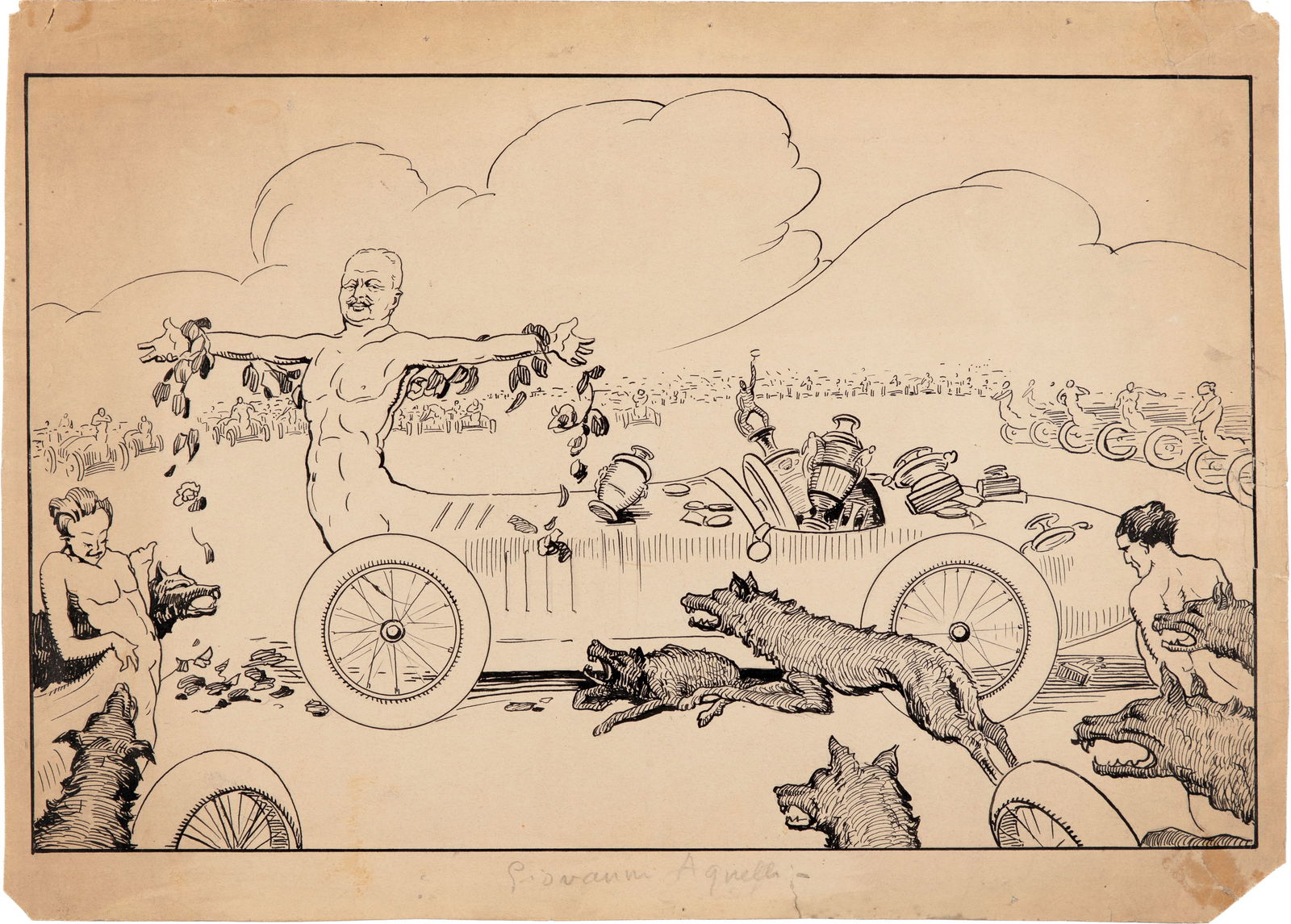 Biscaretti di Ruffia Carlo - "Giovanni Agnelli", anni 20: Biscaretti di Ruffia Carlo - "Giovanni Agnelli", anni 20 ITA matita e china su cartoncino, 40 x 28,5 cm Illustrazione originale realizzata da Biscaretti di Ruffia negli anni ‘20. Pieghe