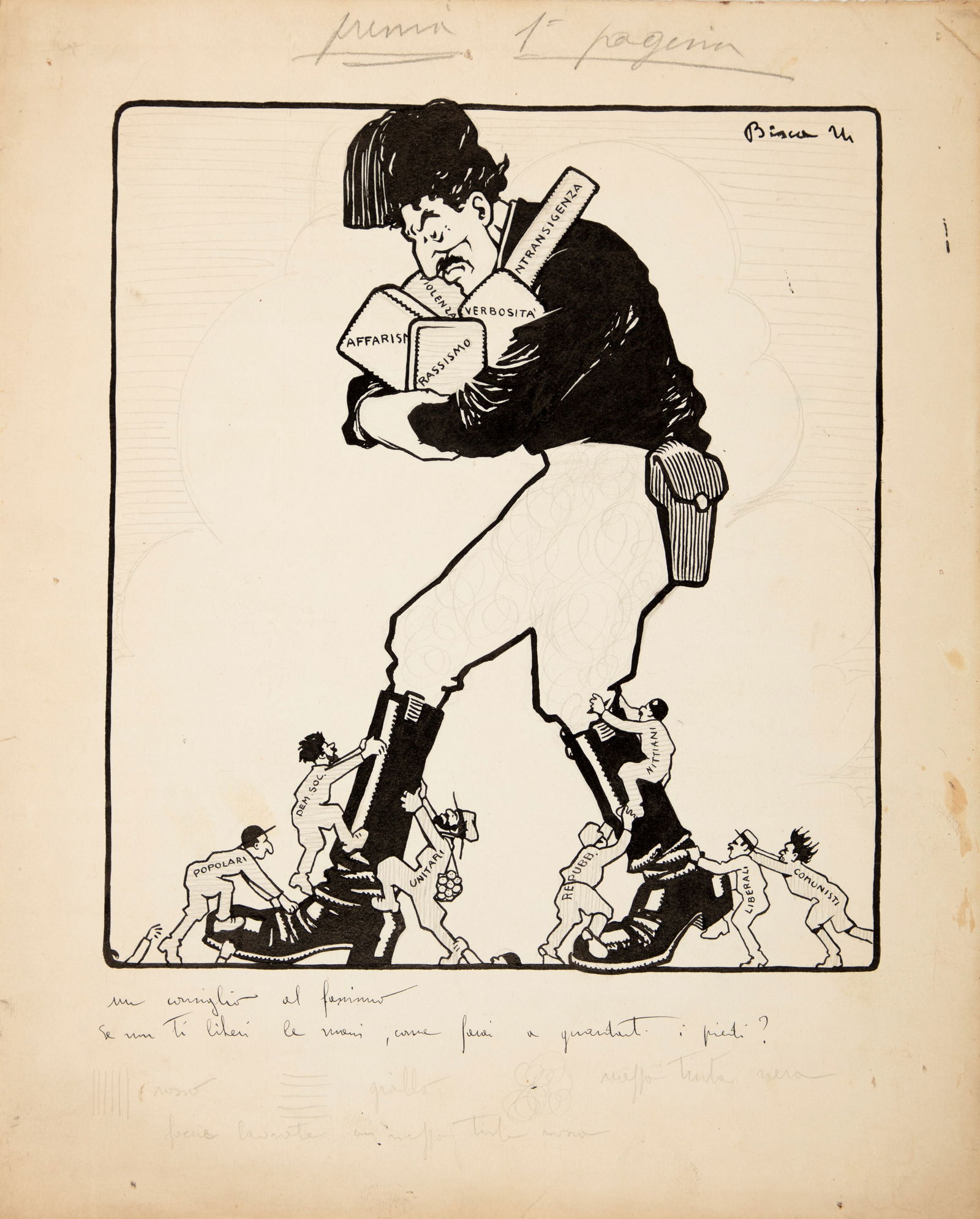 Biscaretti di Ruffia Carlo - "Un consiglio al fascismo", anni 20: Biscaretti di Ruffia Carlo - "Un consiglio al fascismo", anni 20 ITA matita e china su cartoncino, 30 x 37 cm Illustrazione originale realizzata da Biscaretti di Ruffia negli anni ‘20.