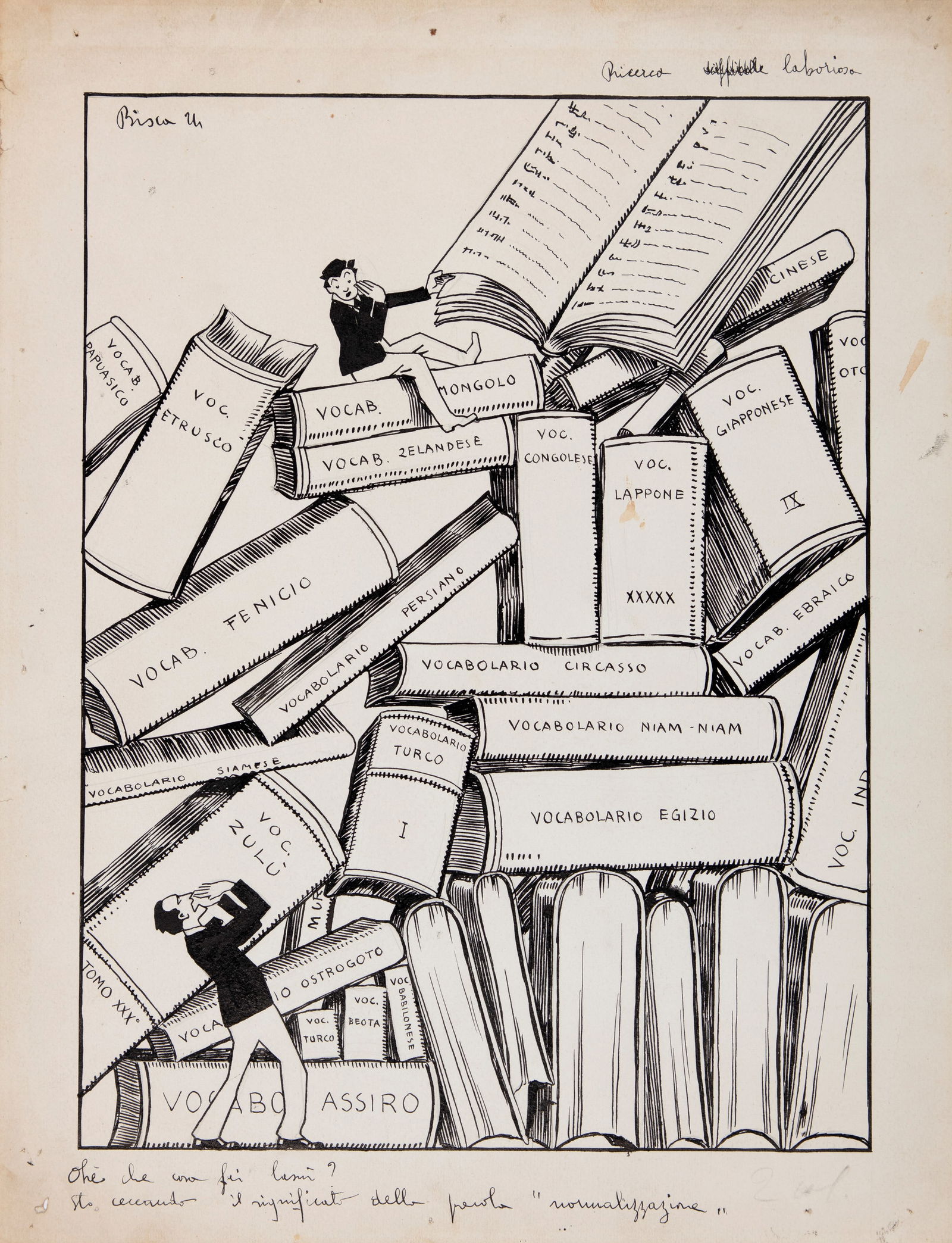 Biscaretti di Ruffia Carlo - "Sto cercando il significato della parola "normalizzazione": Biscaretti di Ruffia Carlo - "Sto cercando il significato della parola "normalizzazione"", 1924 ITA matita e china su cartoncino, 29 x 37,5 cm Illustrazione originale realizzata da Bi