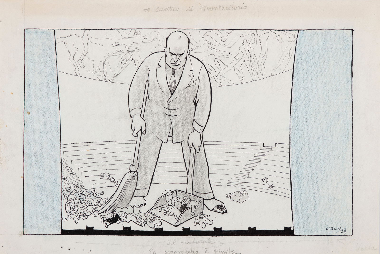 Carlin (Carlo Bergoglio) - "Il teatro di Montecitorio: la commedia è finita", 1924: Carlin (Carlo Bergoglio) - "Il teatro di Montecitorio: la commedia è finita", 1924 ITA pastello e china su cartoncino, 43 x 28,5 cm Illustrazione originale realizzata da Carlin nel 1924.