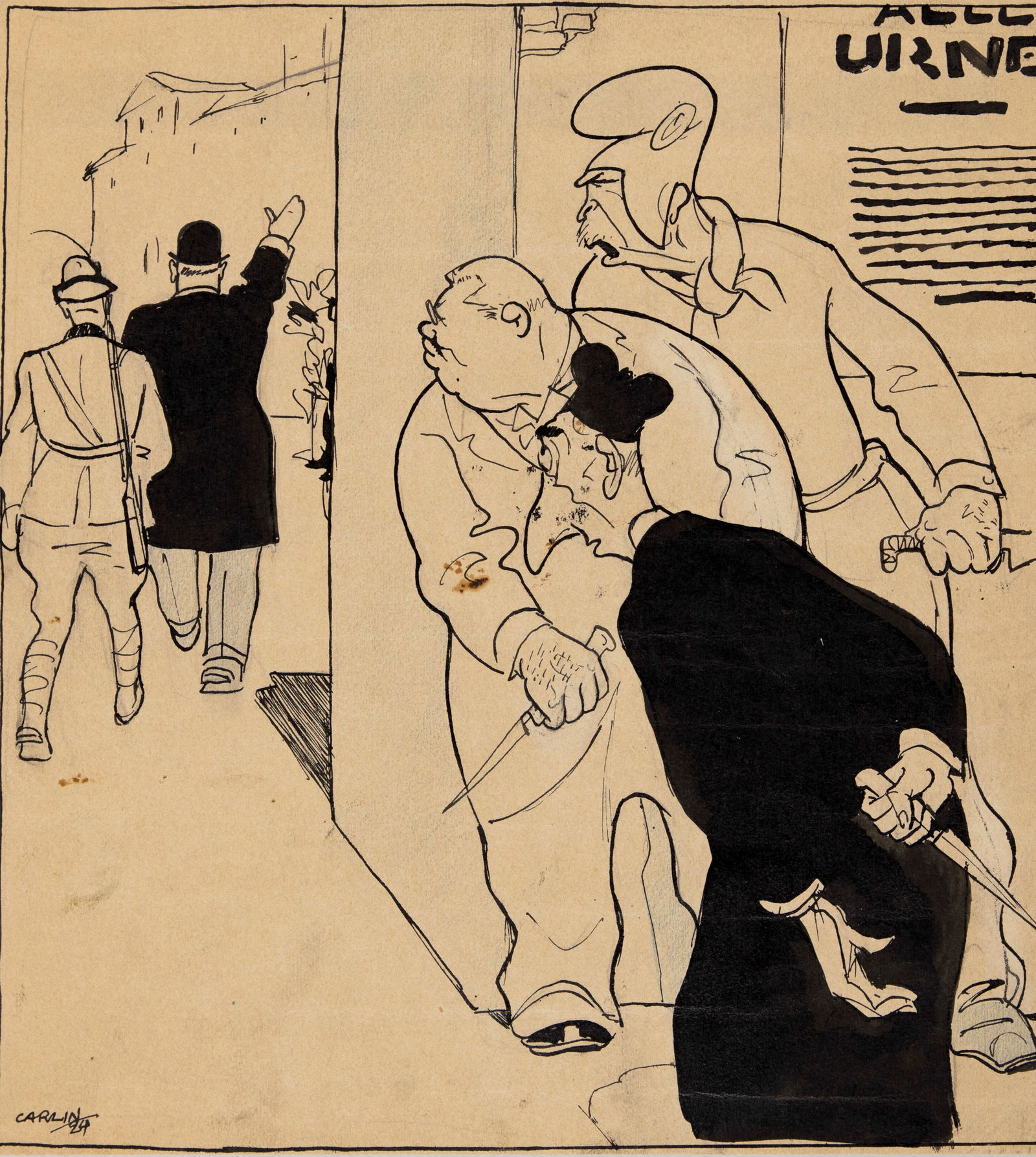 Carlin (Carlo Bergoglio) - "Finchè si farà accompagnare da quel milite non ci sarà: Carlin (Carlo Bergoglio) - "Finchè si farà accompagnare da quel milite non ci sarà mai la libertà", anni 20 ITA pastello e china su cartoncino, 23 x 25 cm Illustrazione or