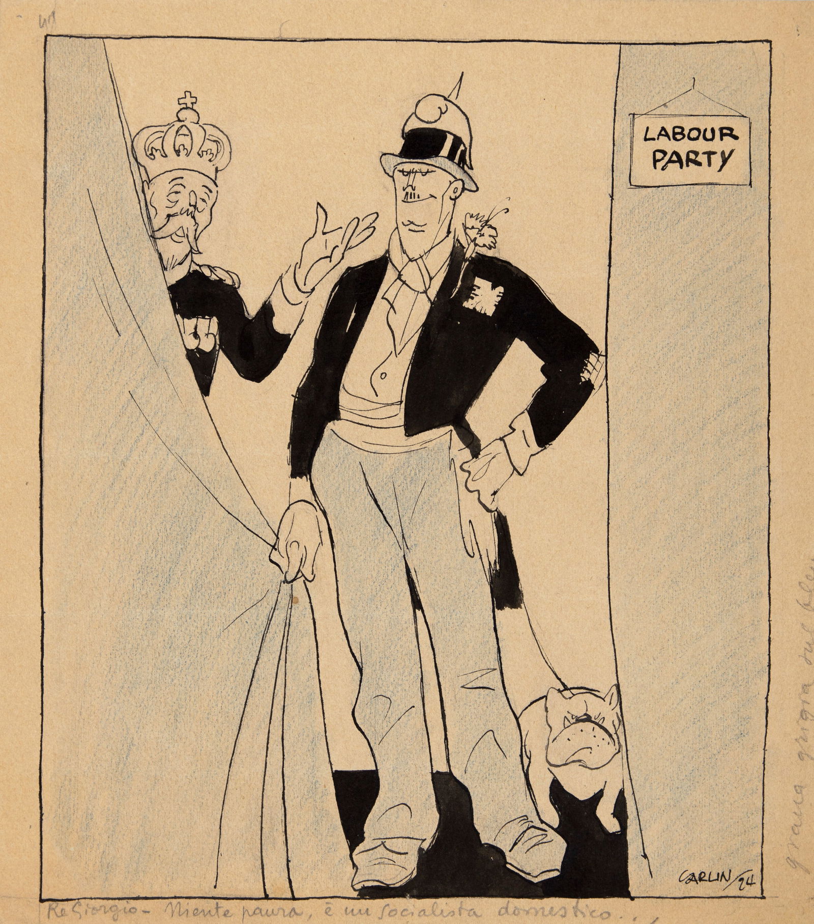 Carlin (Carlo Bergoglio) - "Re Giorgio: niente paura, è un socialista domestico", 1924: Carlin (Carlo Bergoglio) - "Re Giorgio: niente paura, è un socialista domestico", 1924 ITA pastello e china su cartoncino, 23,5 x 26,5 cm Illustrazione originale realizzata da Carlin nel