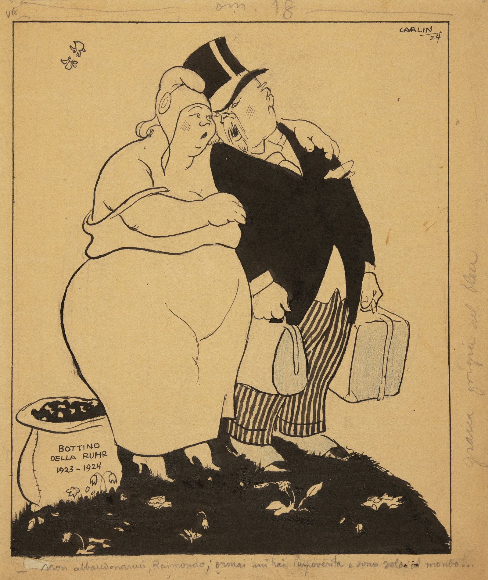 Carlin (Carlo Bergoglio) - "Bottino della Ruhu: Non abbandonarmi Raimondo, ormai mi hai: Carlin (Carlo Bergoglio) - "Bottino della Ruhu: Non abbandonarmi Raimondo, ormai mi hai impoverita e sono sola al mondo…", 1924 ITA pastello e china su cartoncino, 25,5 x 30,5 cm Illustrazi