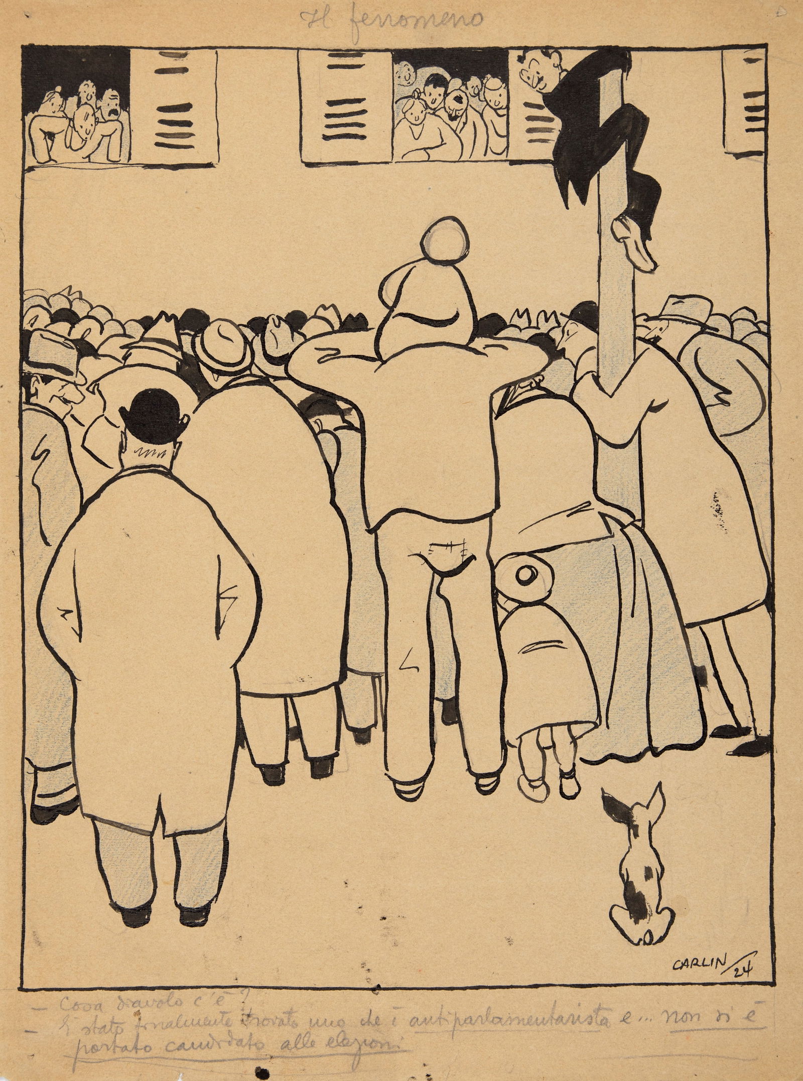 Carlin (Carlo Bergoglio) - "Il fenomeno", 1924: Carlin (Carlo Bergoglio) - "Il fenomeno", 1924 ITA pastello e china su cartoncino, 24 x 32 cm Illustrazione originale realizzata da Carlin nel 1924. Fori ai margini. Firmata e datata.________