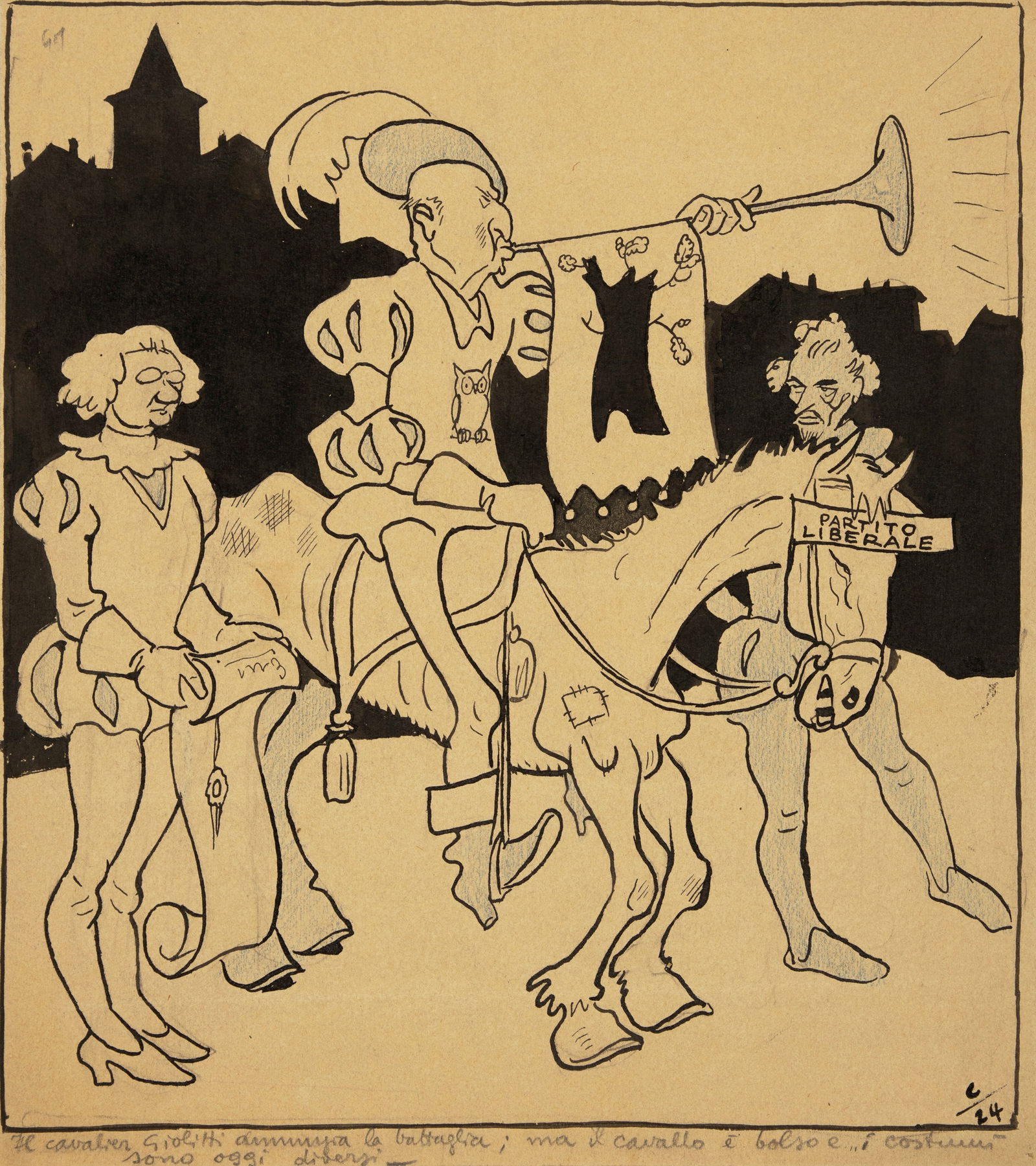 Carlin (Carlo Bergoglio) - "Il Cavalier Giolitti annuncia la battaglia, ma il cavallo è: Carlin (Carlo Bergoglio) - "Il Cavalier Giolitti annuncia la battaglia, ma il cavallo è bolso e i costumi sono oggi diversi", 1924 ITA pastello e china su cartoncino, 23,5 x 26,5 cm Illu