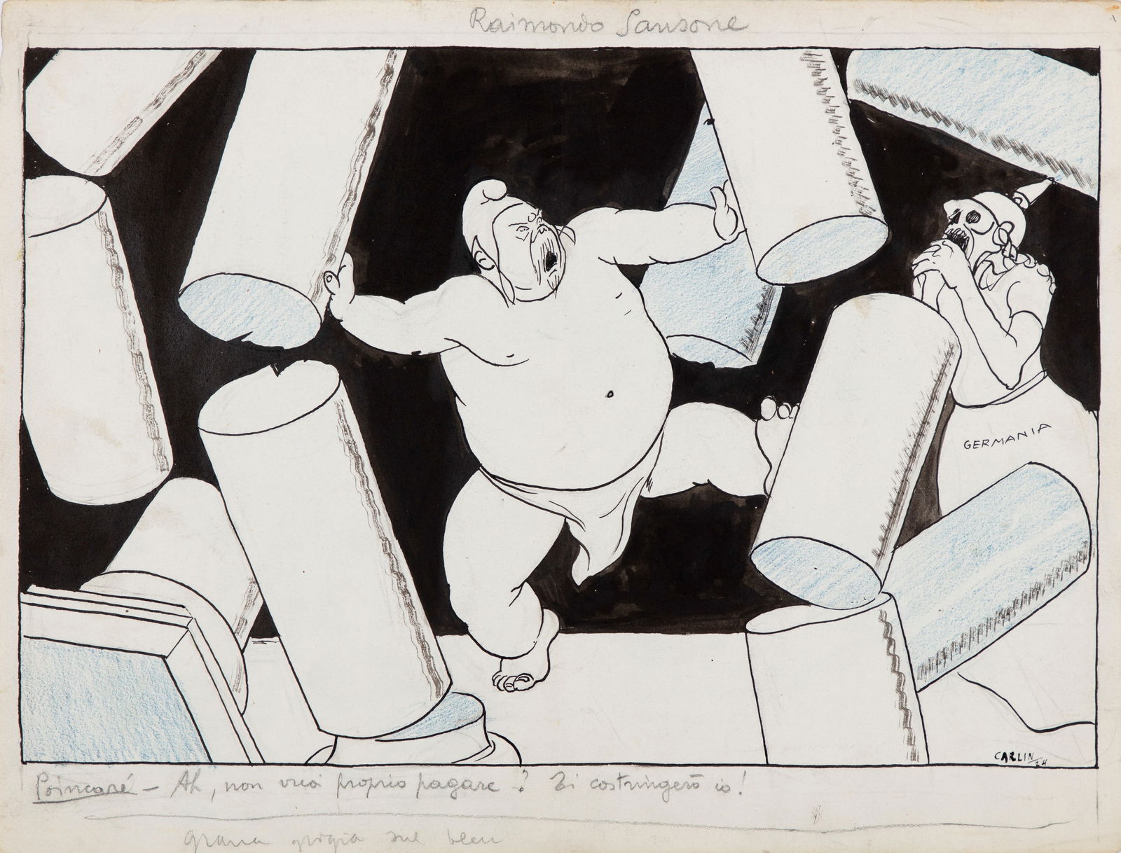 Carlin (Carlo Bergoglio) - "Raimondo Sansone", 1924: Carlin (Carlo Bergoglio) - "Raimondo Sansone", 1924 ITA pastello e china su cartoncino, 40 x 30,5 cm Illustrazione originale realizzata da Carlin nel 1924. Piega verticale al centro. Firmata