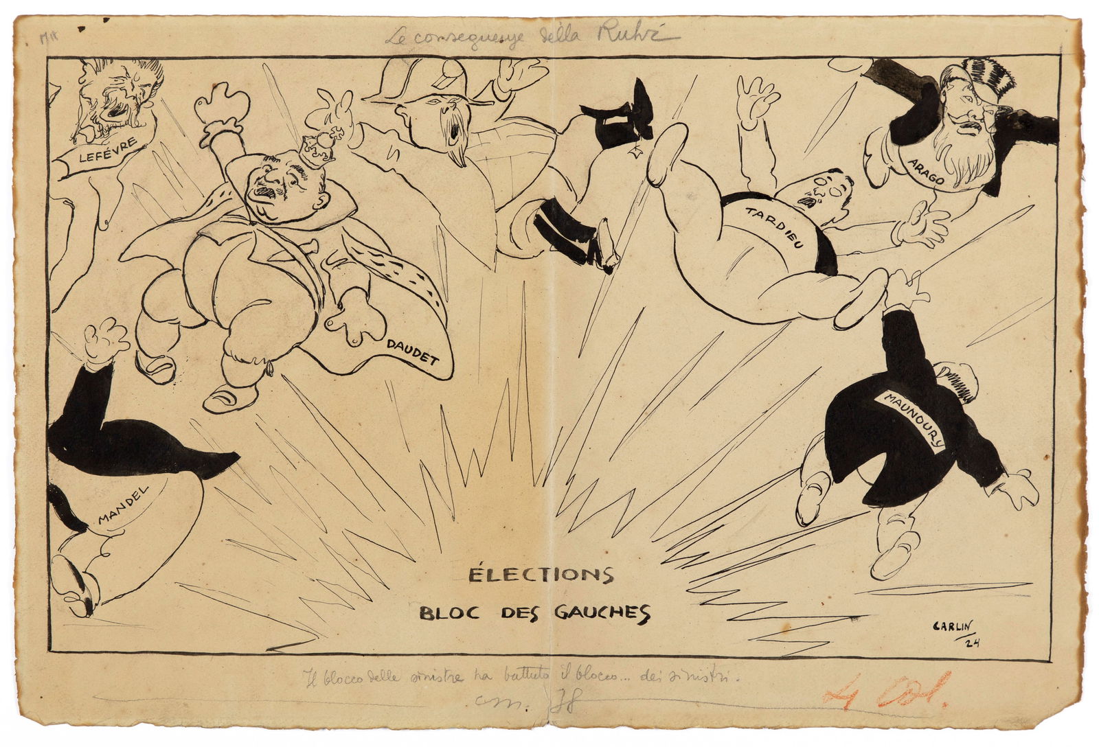 Carlin (Carlo Bergoglio) - "Le conseguenze della Ruhr", 1924: Carlin (Carlo Bergoglio) - "Le conseguenze della Ruhr", 1924 ITA matita e china su cartoncino, 45 x 30 cm Illustrazione originale realizzata da Carlin nel 1924. Piega verticale al centro. Fir