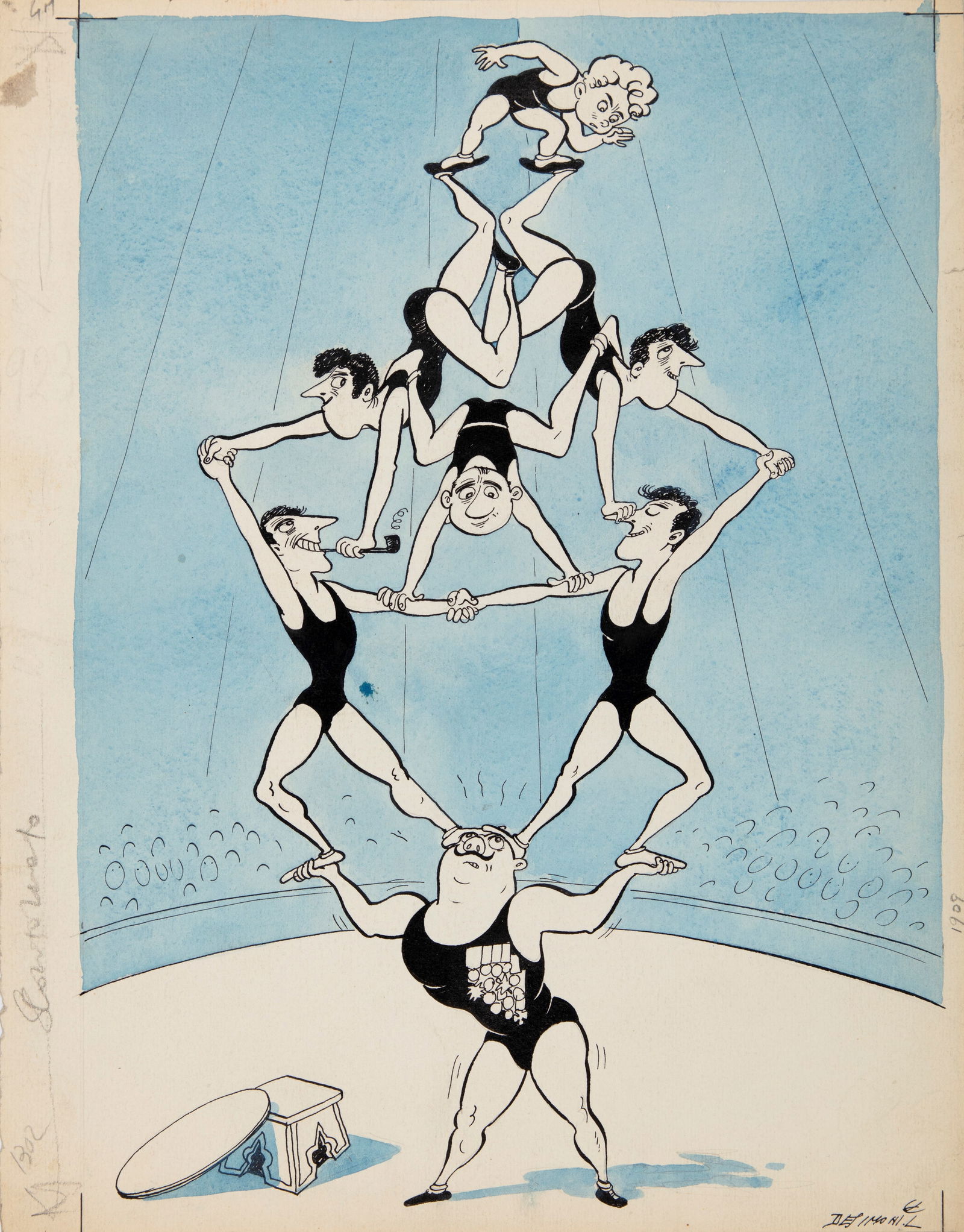 De Simoni Luigi - "Equilibristi", anni 30: De Simoni Luigi - "Equilibristi", anni 30 ITA china e acquerello su cartoncino, 25 x 31,5 cm Illustrazione originale realizzata da De Simoni per Il Travaso negli anni ‘30. Firmata._____