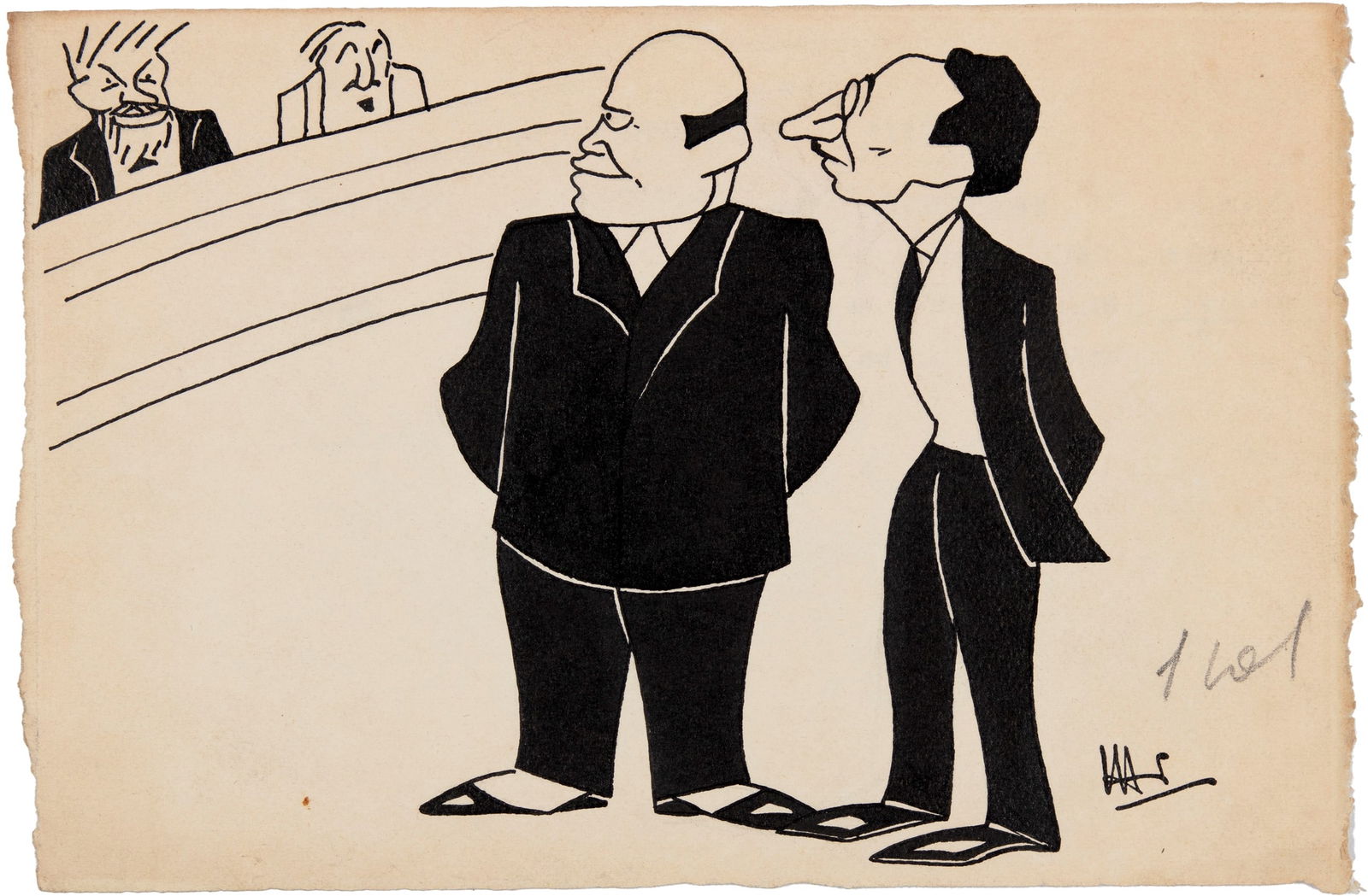 A.N.I. (Autore non identificato) - "Mussolini e Bianchi alla camera", anni 20: A.N.I. (Autore non identificato) - "Mussolini e Bianchi alla camera", anni 20 ITA matita e china su cartoncino, 24 x 16 cm Al retro: « "Giuste preoccupazioni" Bianchi: ti confess