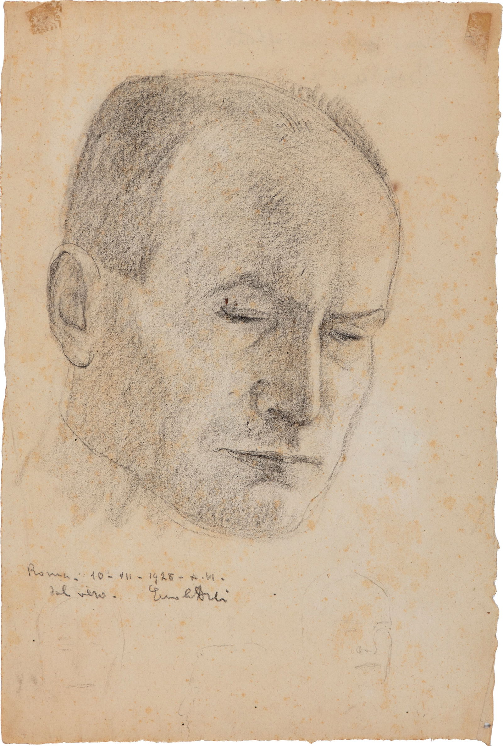 Drei Ercole - "Benito Mussolini", 1928: Drei Ercole - "Benito Mussolini", 1928 ITA matita su carta, 26 x 40 cm Disegno originale realizzato dallo scultore Ercole Drei nel 1928. Lievi pieghe. Al retro la dedica della figlia Isabella