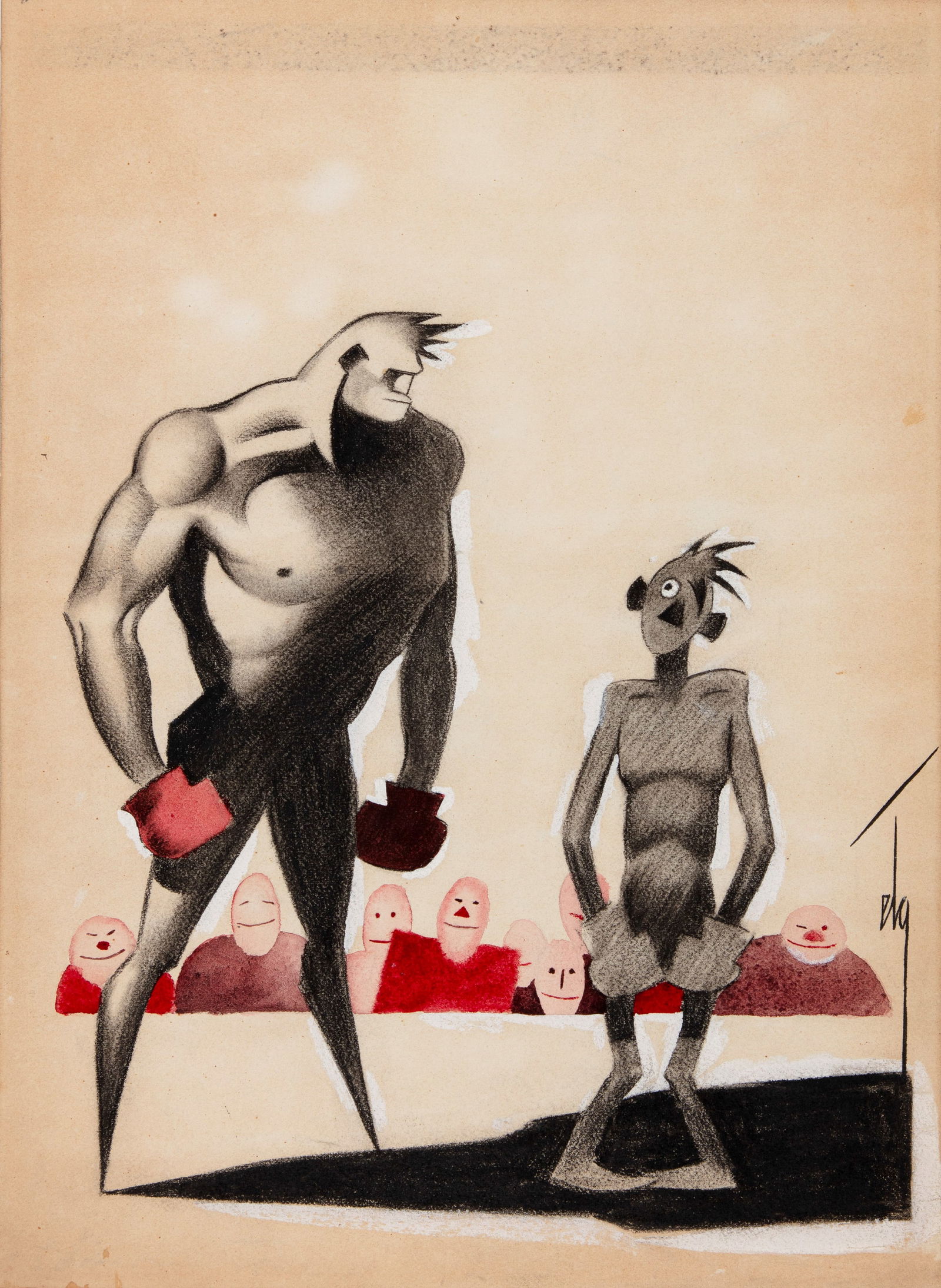 Eta - "L‘incontro di pugilato", anni 30: Eta - "L‘incontro di pugilato", anni 30 ITA carboncino e acquerello su cartoncino, 24 x 32,5 cm Firmato.________________________________________________________________ENG charcoal and