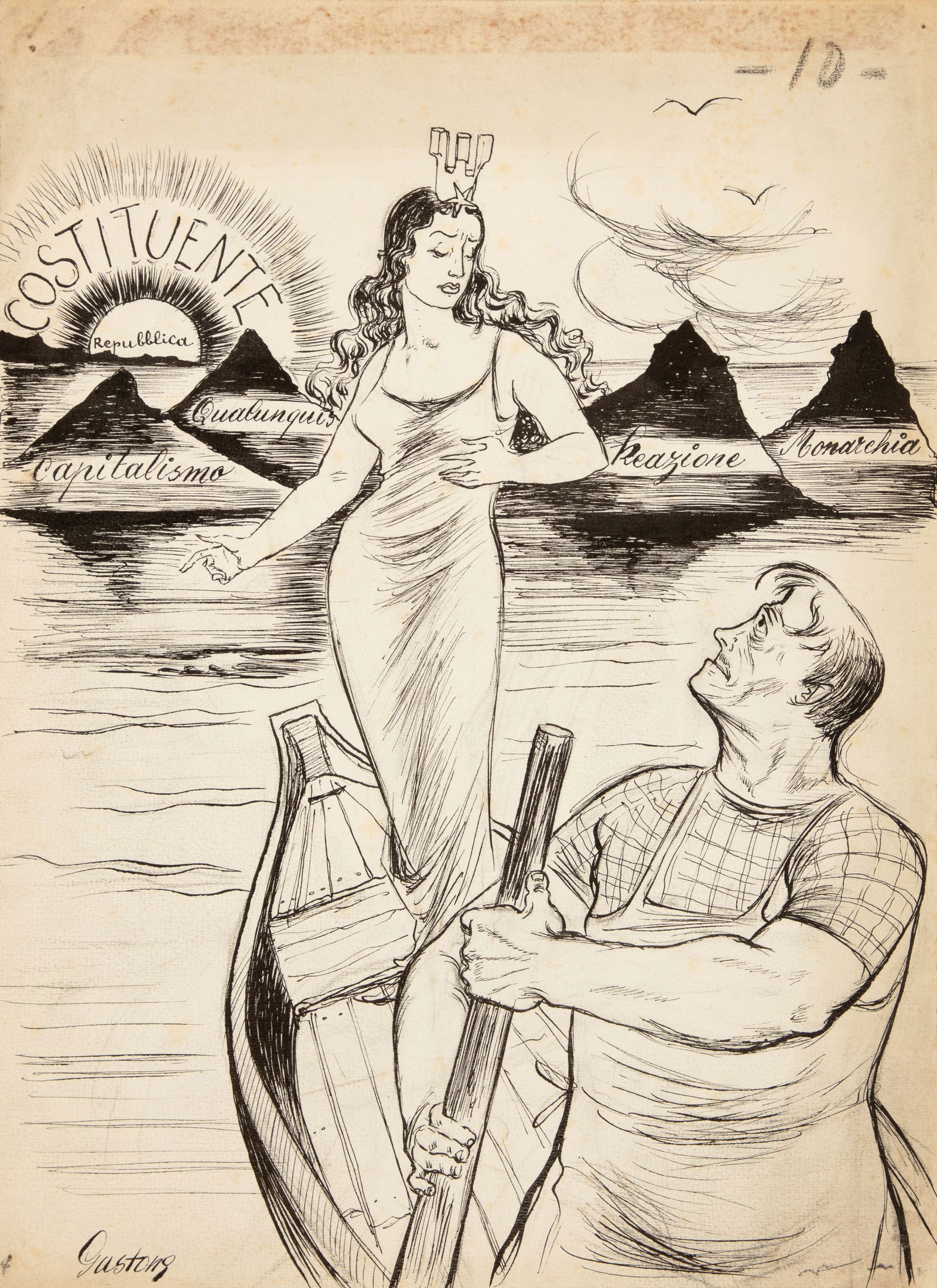 Gastone - "L‘alba Costituente", anni 40: Gastone - "L‘alba Costituente", anni 40 ITA matita e china su cartoncino, 24,5 x 33 cm Illustrazione originale realizzata negli anni ‘40. Lievi pieghe agli angoli. Firmata._______