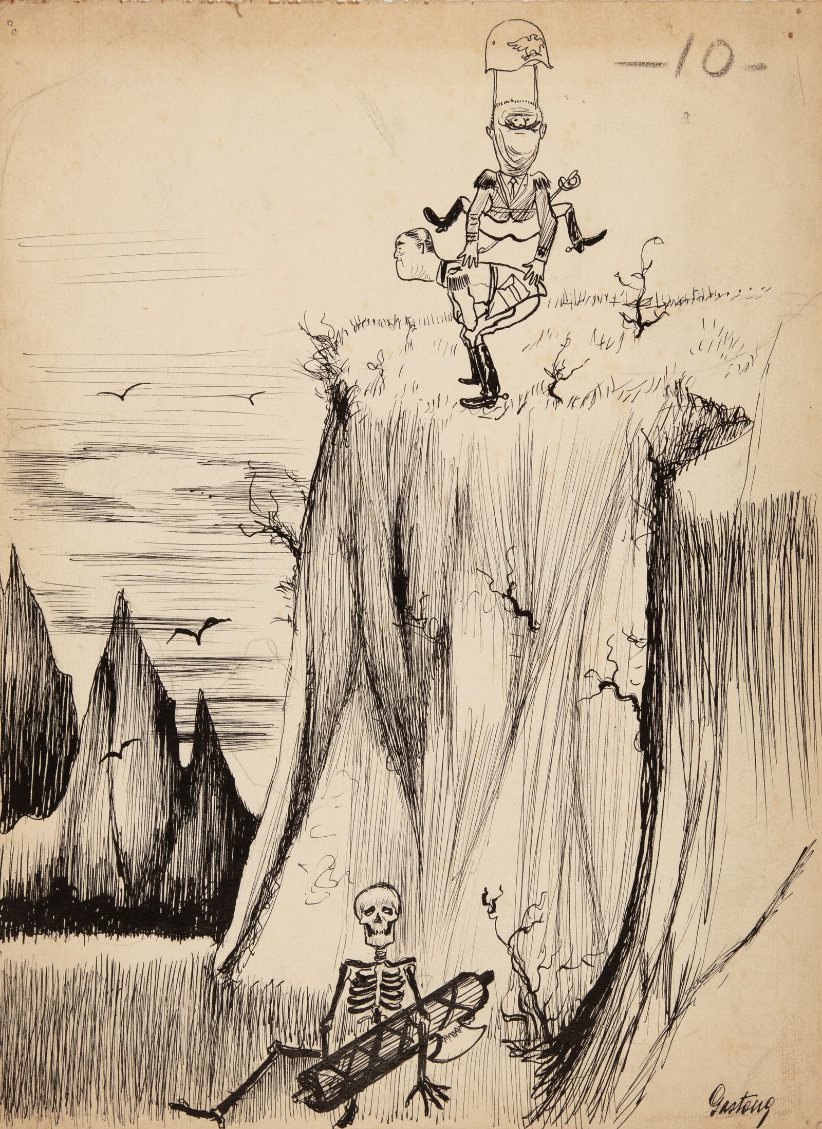 Gastone - "Verso la fine", anni 40: Gastone - "Verso la fine", anni 40 ITA matita e china su cartoncino, 24 x 33 cm Illustrazione originale realizzata negli anni ‘40. Lievi pieghe agli angoli. Firmata.____________________