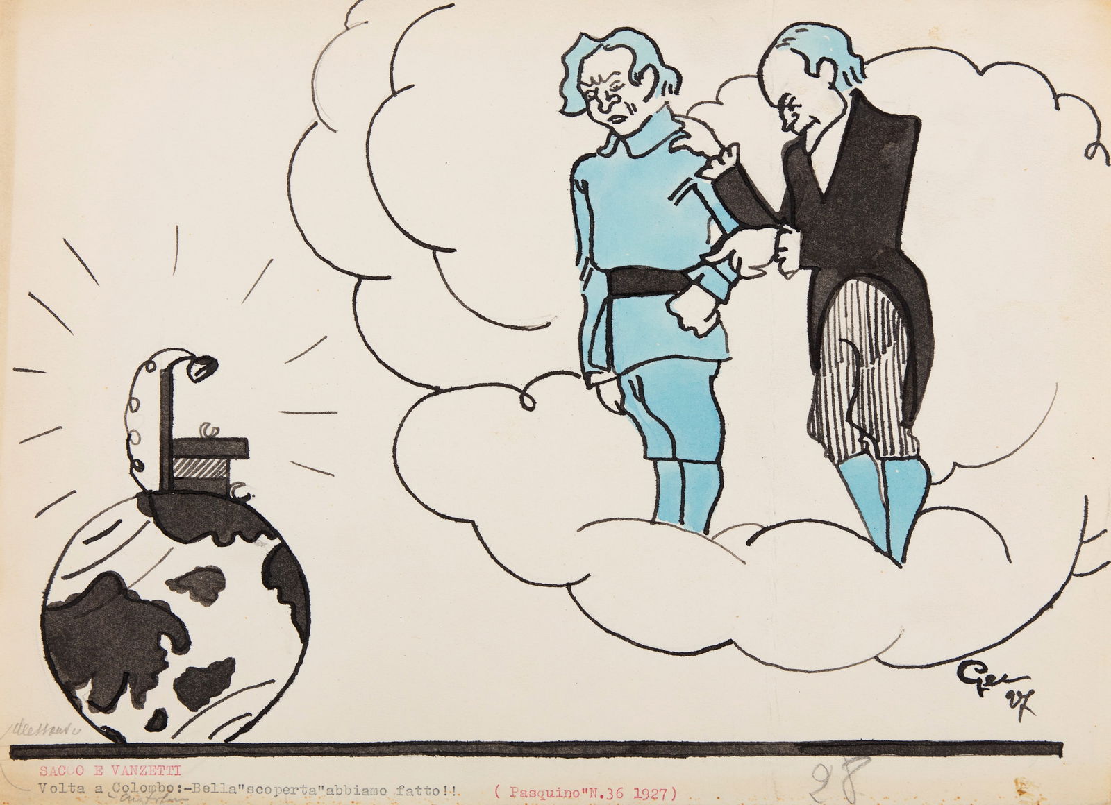 Gec (Enrico Gianeri) - "Sacco e Vanzetti", 1927: Gec (Enrico Gianeri) - "Sacco e Vanzetti", 1927 ITA china e acquerello su cartoncino, 33 x 24 cm Illustrazione originale realizzata da Gec edita sul Pasquino nel 1927. « Volta a Colombo: