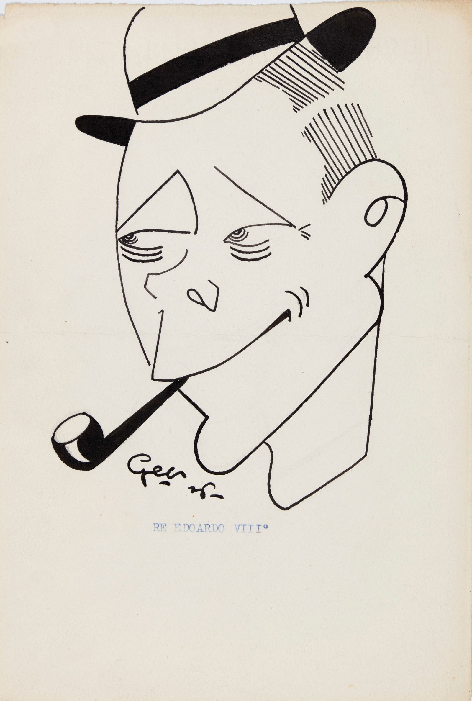 Gec (Enrico Gianeri) - "Re Edoardo VIII", 1936: Gec (Enrico Gianeri) - "Re Edoardo VIII", 1936 ITA china su cartoncino, 16,5 x 24,5 cm Illustrazione originale realizzata da Gec nel 1936. Piega orizzontale al centro. Firmata e datata.______