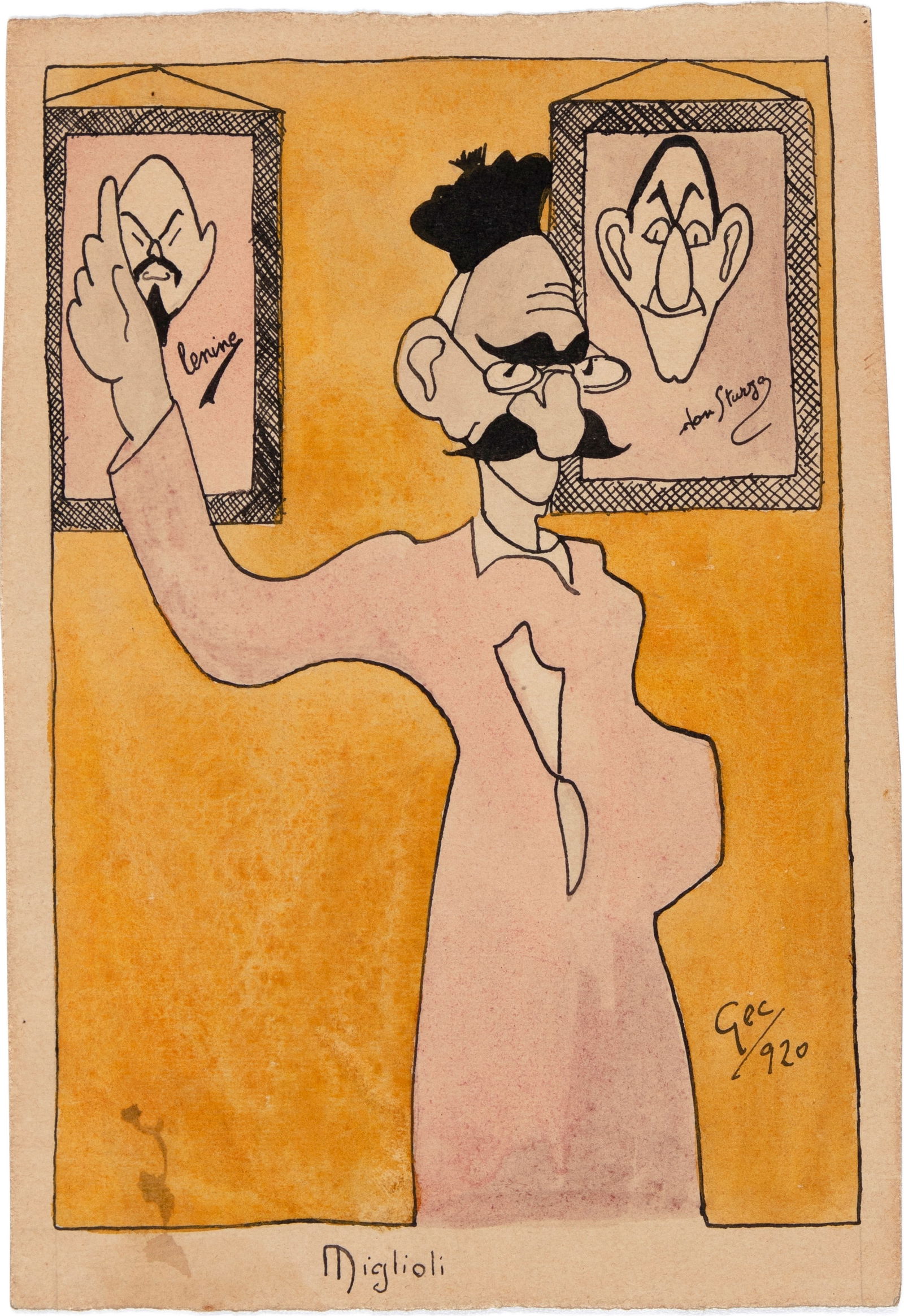 Gec (Enrico Gianeri) - "Guido Miglioli", 1920: Gec (Enrico Gianeri) - "Guido Miglioli", 1920 ITA china e acquerello su cartoncino, 13 x 18,5 cm Illustrazione originale realizzata da Gec nel 1920. Firmata e datata._________________________