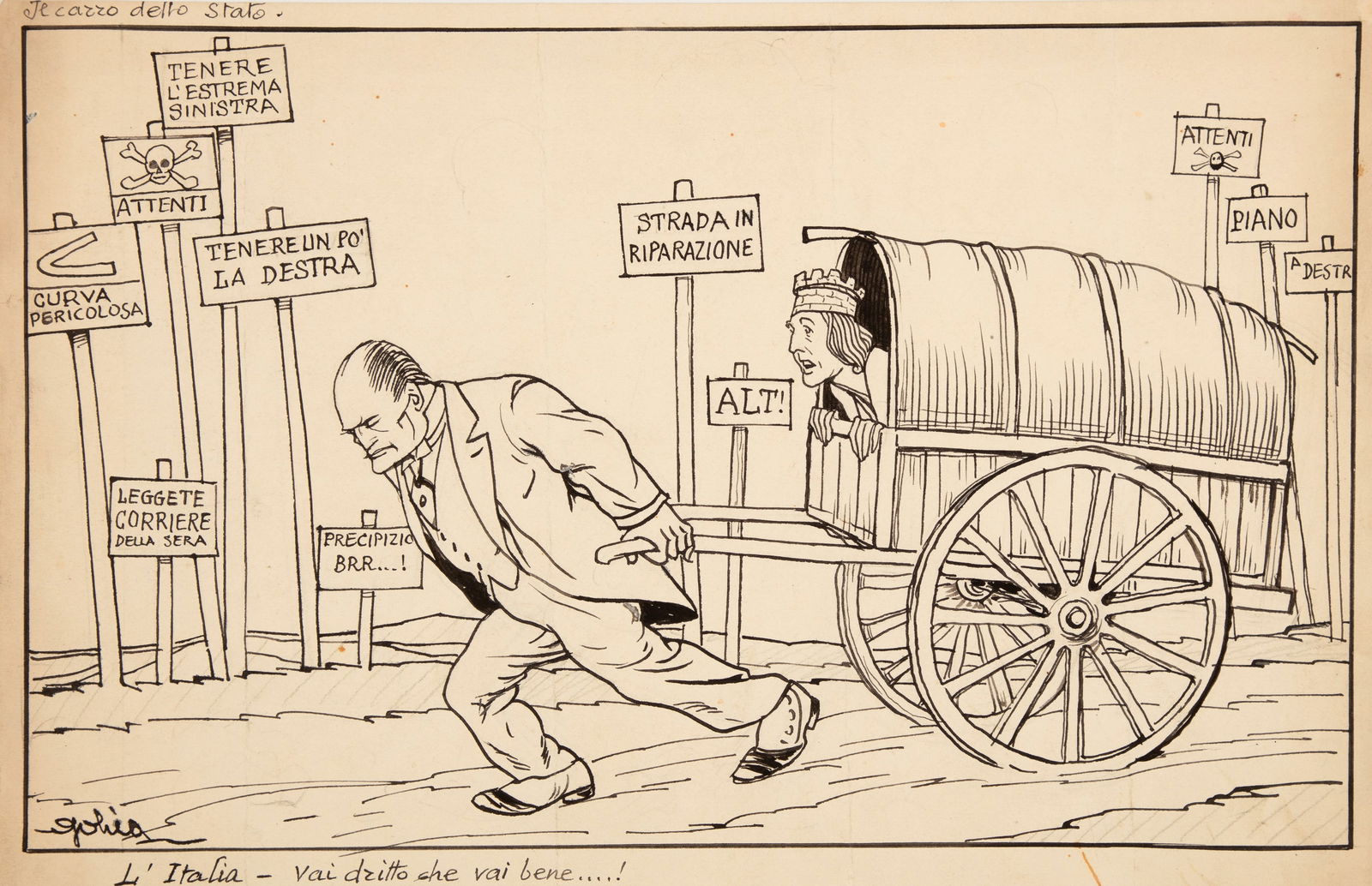 Golia (Eugenio Colmo) - "Il carro dello stato: L‘Italia - vai dritto che vai bene…!": Golia (Eugenio Colmo) - "Il carro dello stato: L‘Italia - vai dritto che vai bene…!", anni 20 ITA matita e china su cartoncino, 39,5 x 25,5 cm Illustrazione originale realizzata da Go