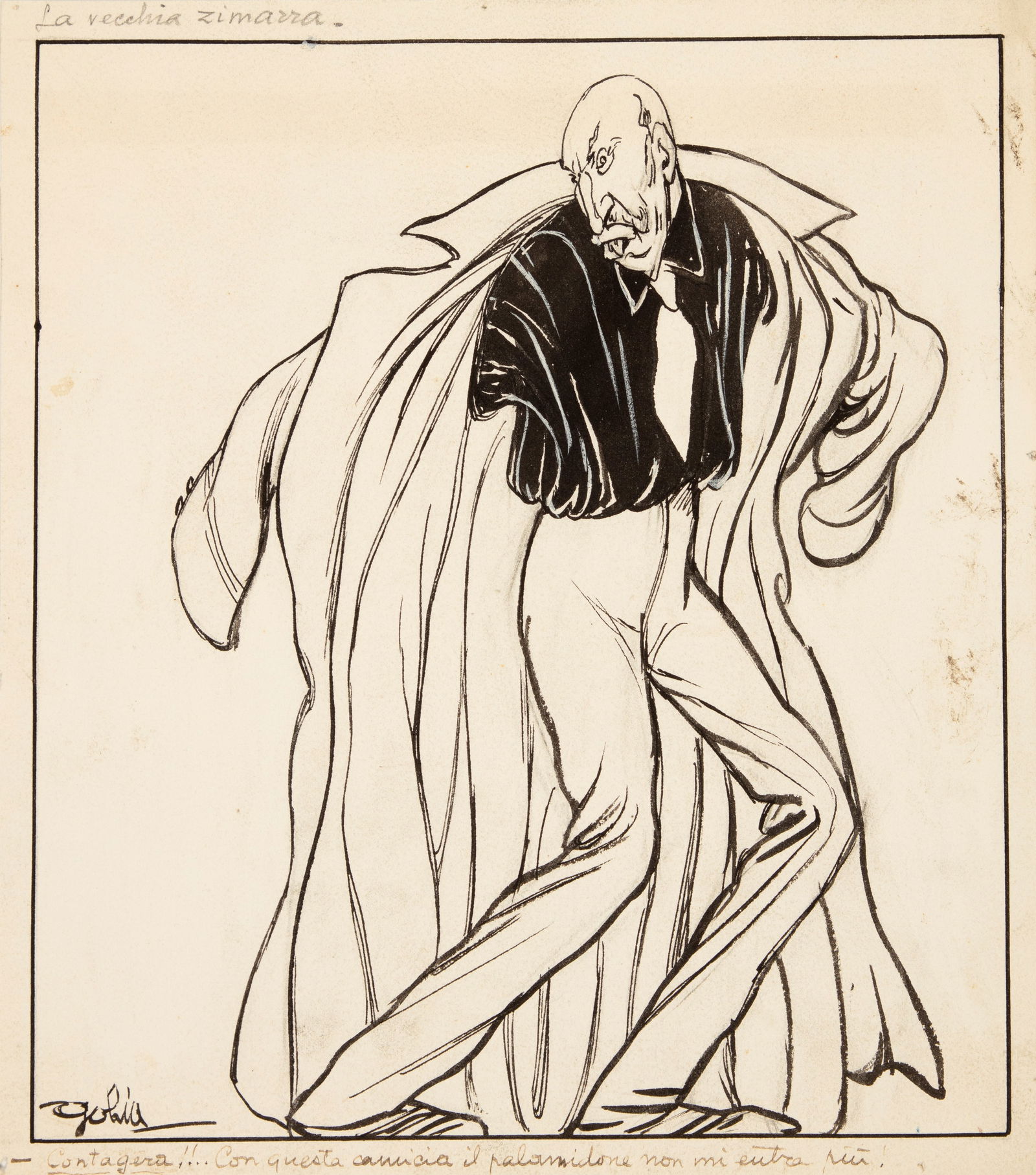 Golia (Eugenio Colmo) - "La vecchia zimarra", anni 20: Golia (Eugenio Colmo) - "La vecchia zimarra", anni 20 ITA matita e china su cartoncino, 24 x 27 cm Illustrazione originale realizzata da Golia negli anni ‘20. Firmata.__________________